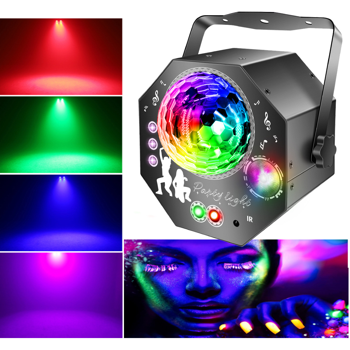 4-in-1-Discokugel – Partylicht mit 64 Mustern, musikgesteuerte Discolampe mit Fernbedienung, RGB-UV-Stroboskop für Zuhause, Bar, Club, Outdoor-Bereich