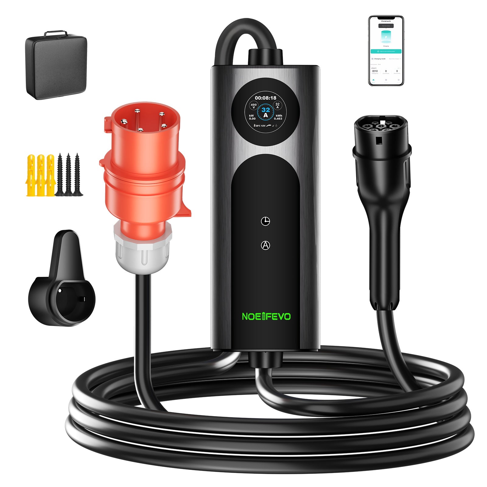 22KW 32A 3 Phase Mobile EV Wallbox, Typ 2 Schnellladegerät für Elektrofahrzeuge, 5Meter Kabel, CEE 32A Stecker