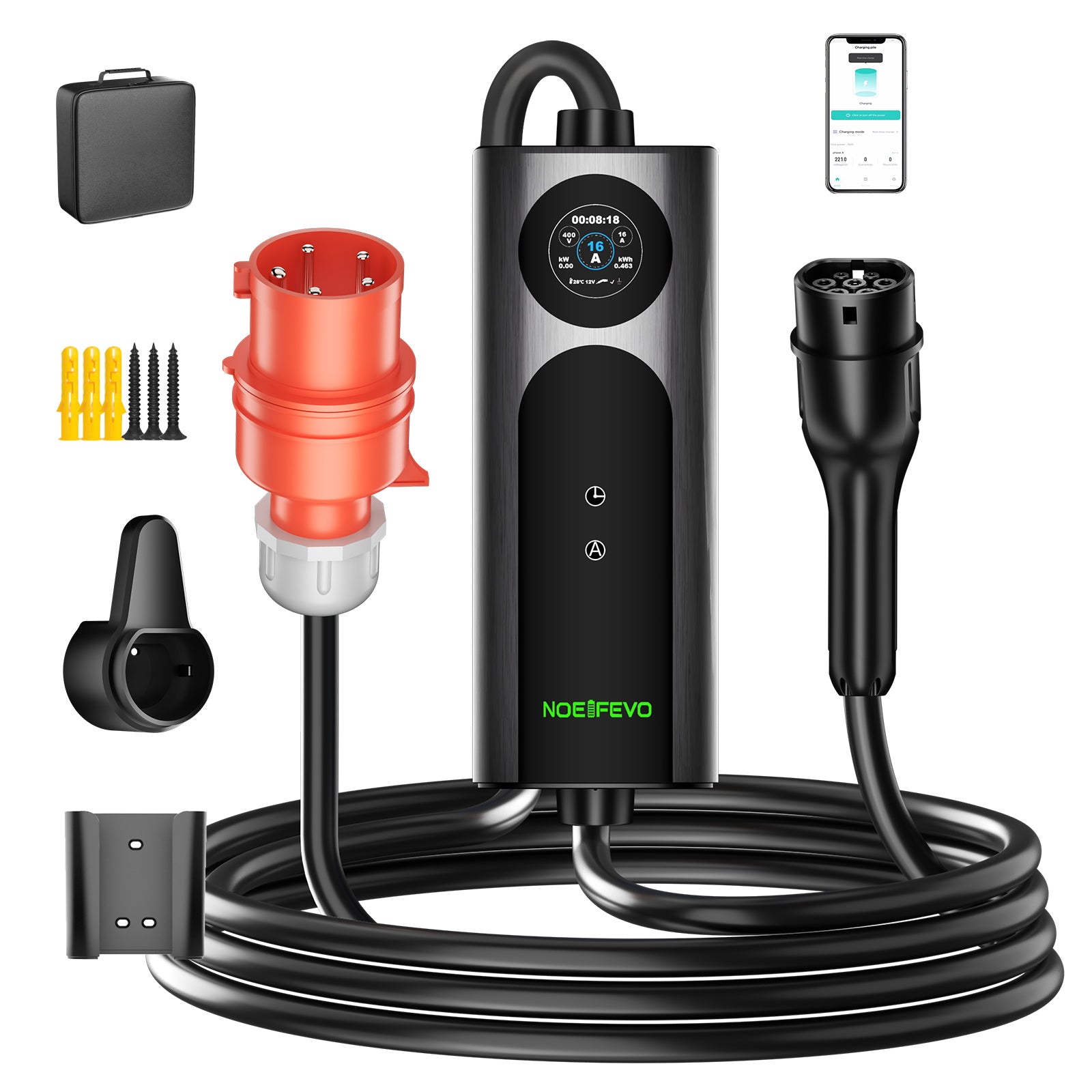 NOEIFEVO Q21W Wlan carregador de carro elétrico móvel Wallbox 11kW com controlo remoto APP, cabo de carregamento trifásico 5m/10m Tipo2 CEE16A 