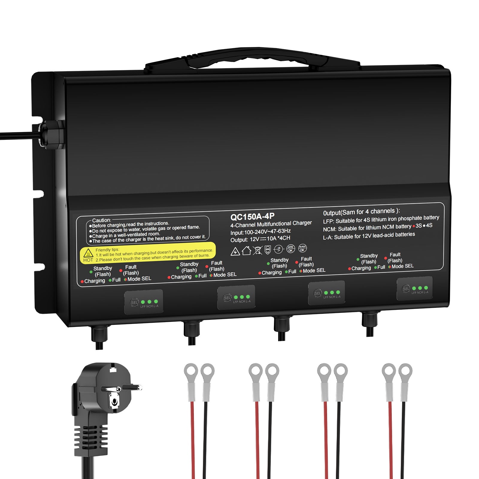 NOEIFEVO 12V 40A 4-banker (10A/bank) universell batterilader, 12V vanntett LiFePO4 litium-blybatterilader for campingvogn, båt, motorsykkel, gressklipper, trollingmotor og blybatteri