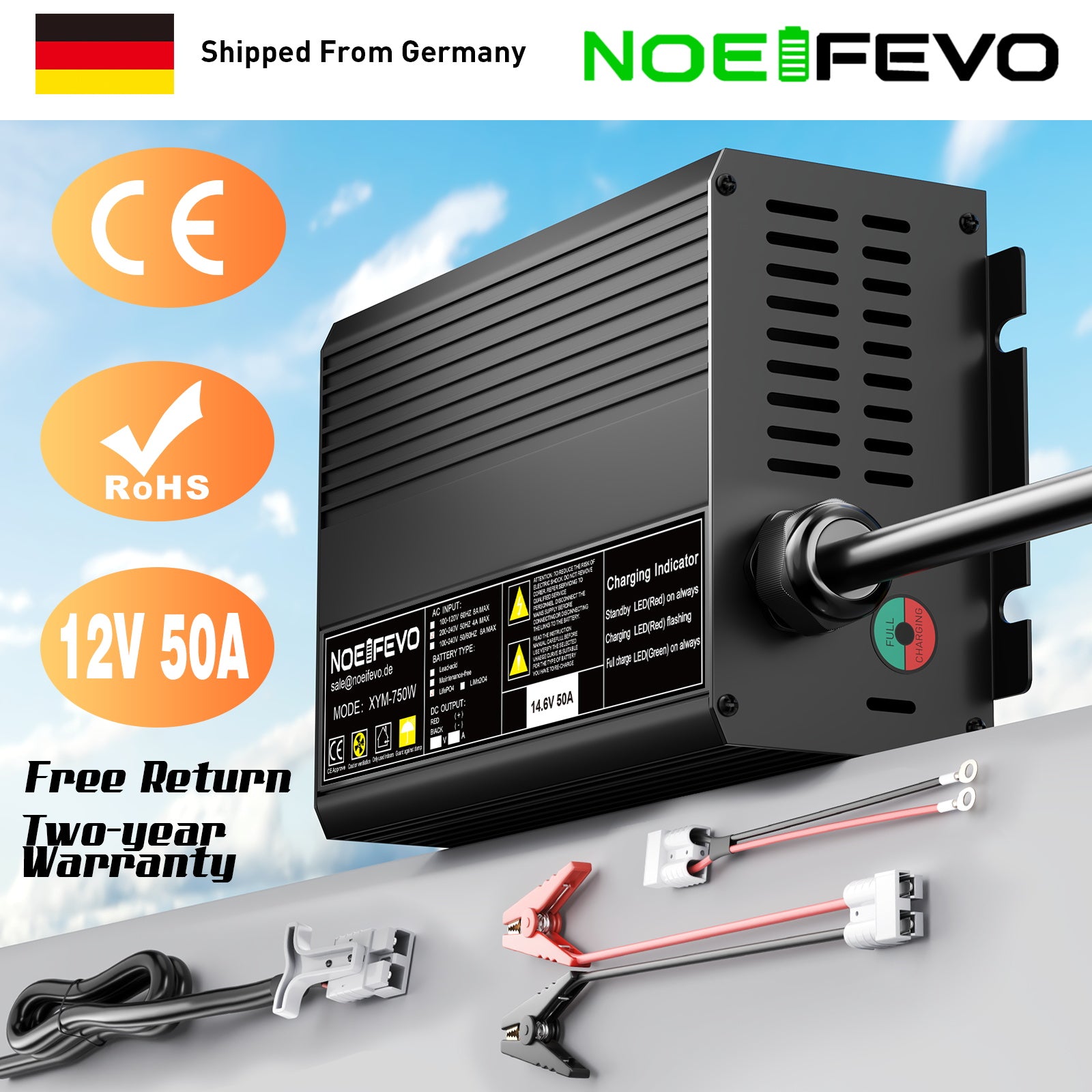 Noeifevo 14,6V 50A Rask Lithium LiFePO4-batterilader for 12V(12,8V) LiFePO4-batteri, 0V BMS-aktivering, automatisk avstenging med full beskyttelse
