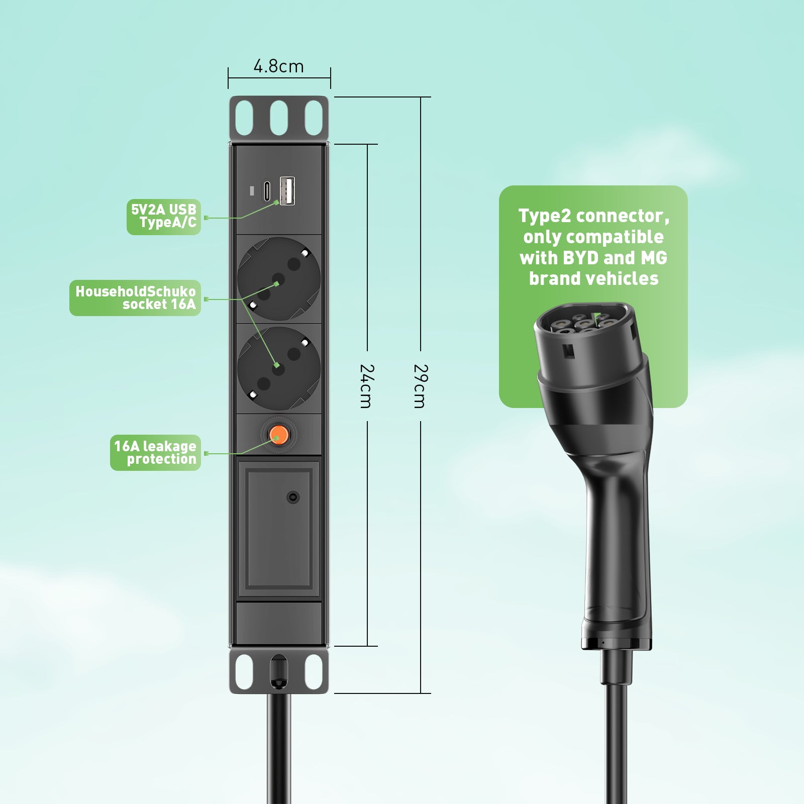 Noeifevo V2L-adapter (vehicle to load) voor MG en BYD, adapter voor ontladen elektrisch voertuig 16A type 2 naar Schuko stopcontact met 5 meter kabel