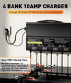NOEIFEVO 12V 40A 4-banker (10A/bank) universell batterilader, 12V vanntett LiFePO4 litium-blybatterilader for campingvogn, båt, motorsykkel, gressklipper, trollingmotor og blybatteri