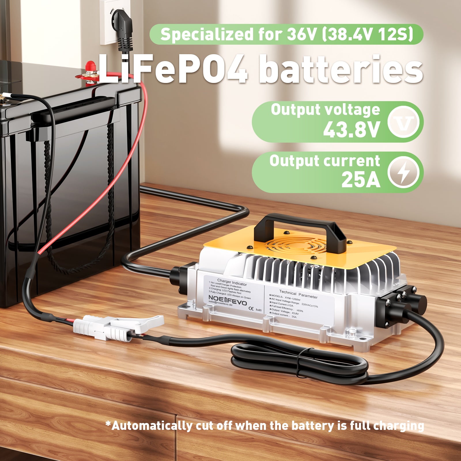 NOEIFEVO 36V 38.4V LiFePO4 Batterieladegerät ,43.8V 25A Wasserdicht Ladegerät für Golf Auto/Boot/RV, mit Vollschutz