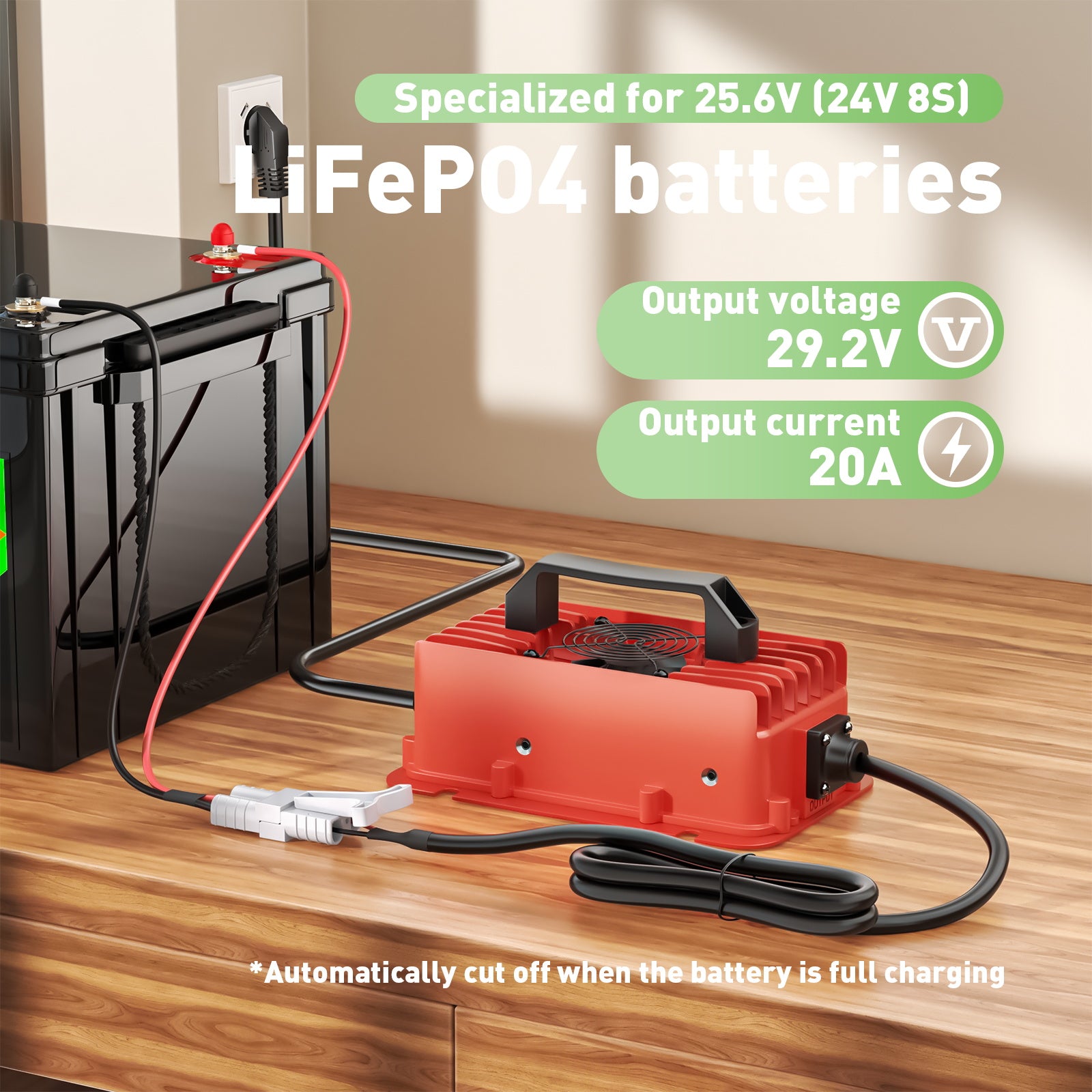 NOEIFEVO 29,2 V 20A LiFePO4 batteria per Caricabatterie impermeabile  per batteria al litio 25,6 V (24 V) 8S, attivazione BMS 0 V, con protezione completa