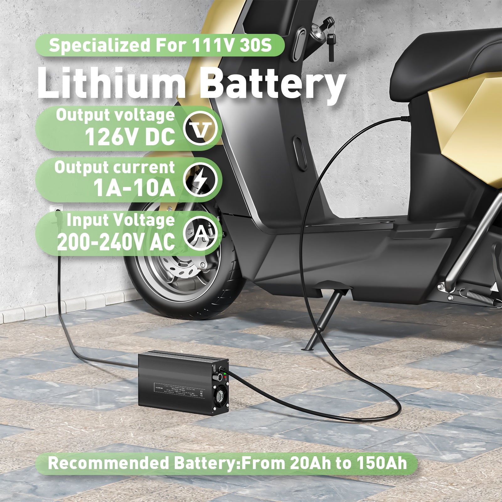 NOEIFEVO 126V 1A-10A nabíječka pro lithium-iontové baterie, vhodná pro 111V 30S lithium-baterie Li-Ion-LiPo, LCD displej, nastavitelný proud.