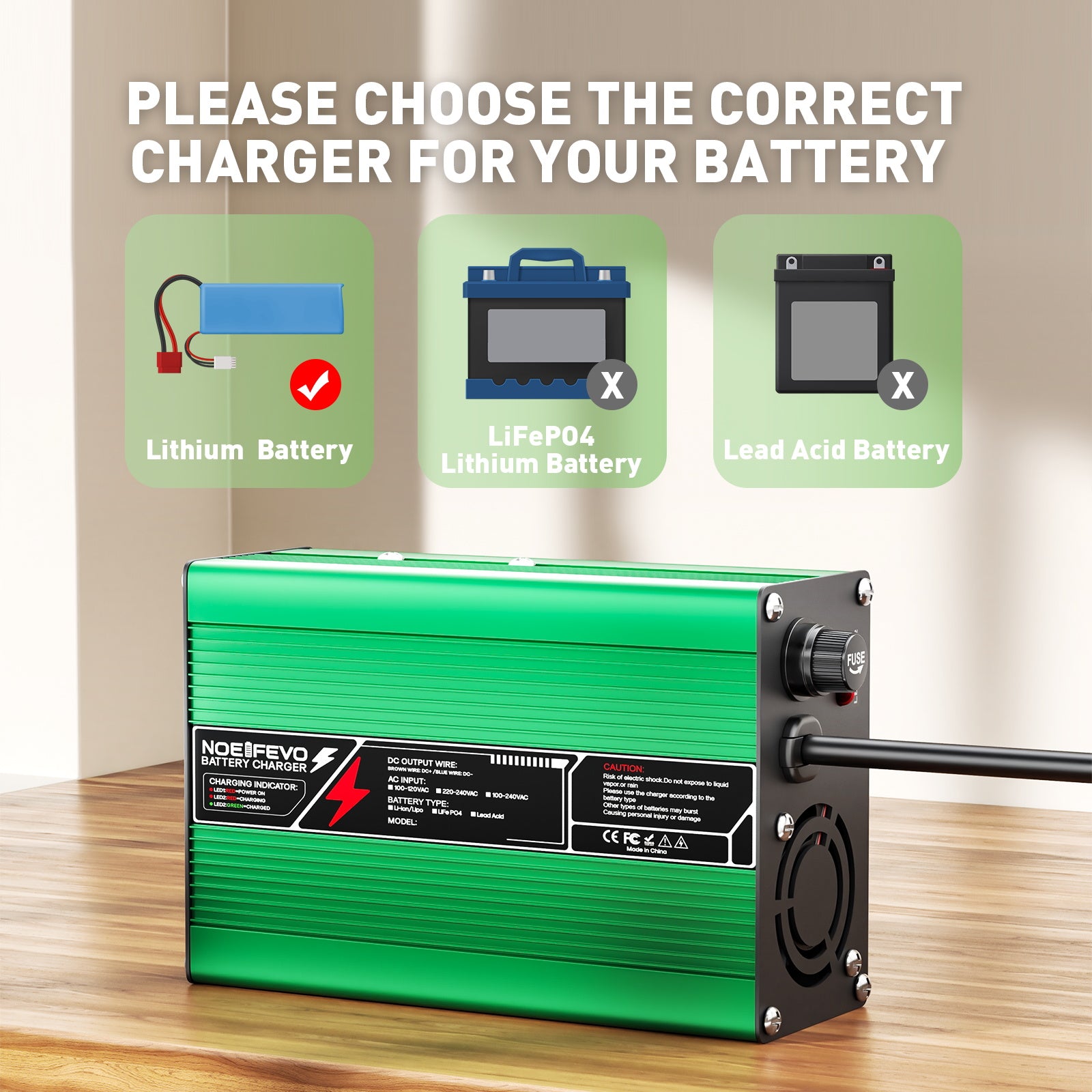 NOEIFEVO Cargador de batería LiFePO4 58.4V 3A para batería LiFePO4 16S 48V 51.2V, con ventilador de enfriamiento, apagado automático (VERDE)