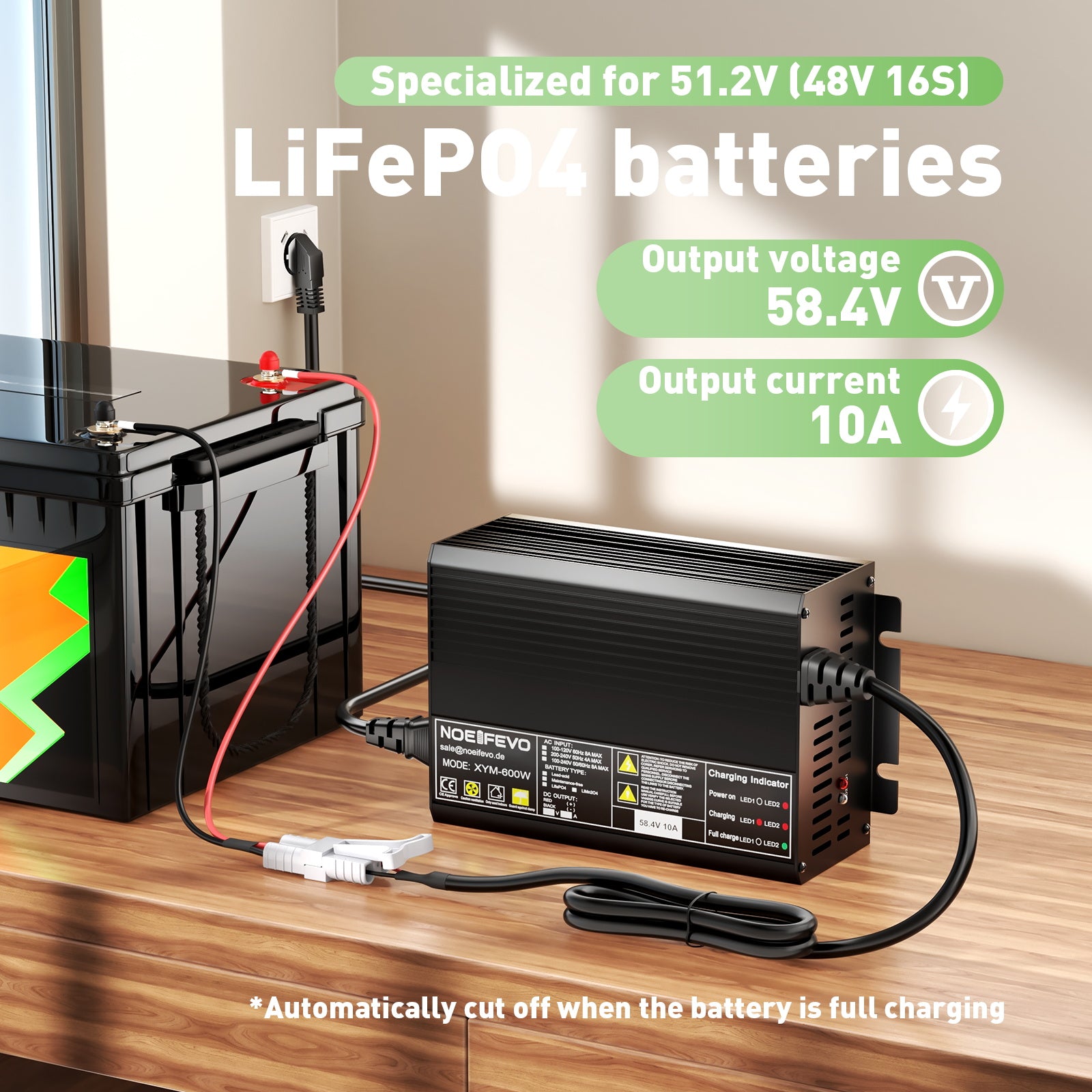 NOEIFEVO 58.4V 10A LiFePO4 Akku-Ladegerät für 51.2V(48V) 16S LiFePO4 Akku