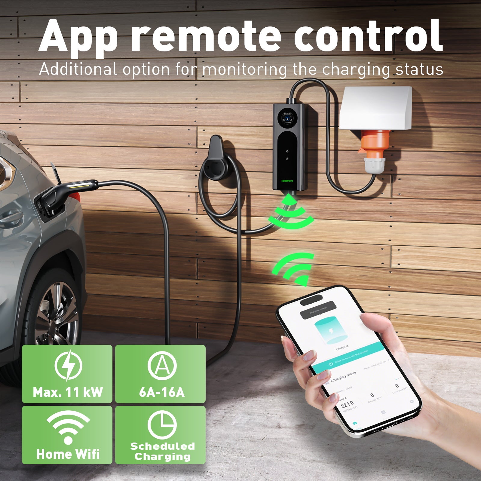NOEIFEVO mobil veggboks 11kW med app [5m/10m | 3-fas | 6–16 A], ladekabel til elbil CEE-16A 400V til Type 2 med justerbar ladeeffekt, EV-lader for ID.3/4/5/7, IX1, Model 3/Y og andre BEV/PHEV