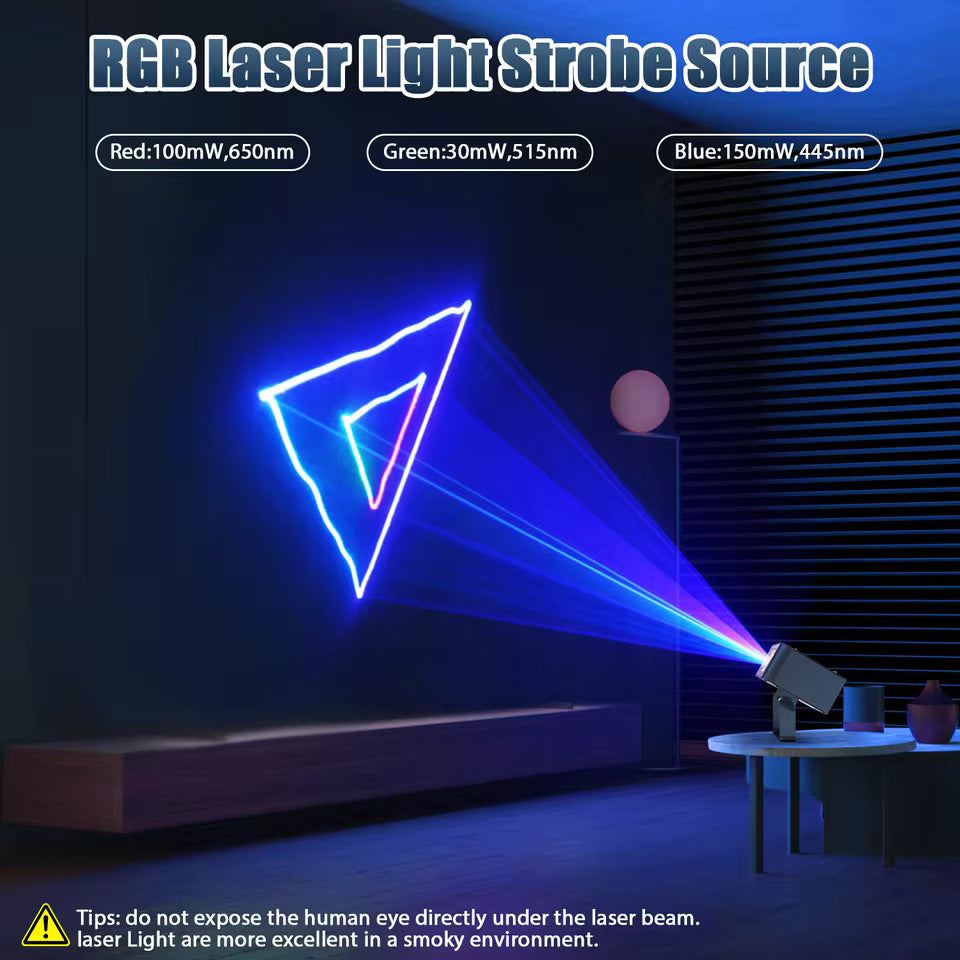 Laser-lavaprojektori RGB-laserilla, skannausvaloeffekte, LED-sisävalaistus lavaa varten – täydellinen DJ:ille, diskoihin, syntymäpäivä- ja hääjuhliin. Tukee DMX512:ta ja ääniohjattua toimintaa