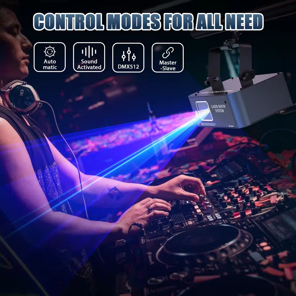 Laser-lavaprojektori RGB-laserilla, skannausvaloeffekte, LED-sisävalaistus lavaa varten – täydellinen DJ:ille, diskoihin, syntymäpäivä- ja hääjuhliin. Tukee DMX512:ta ja ääniohjattua toimintaa