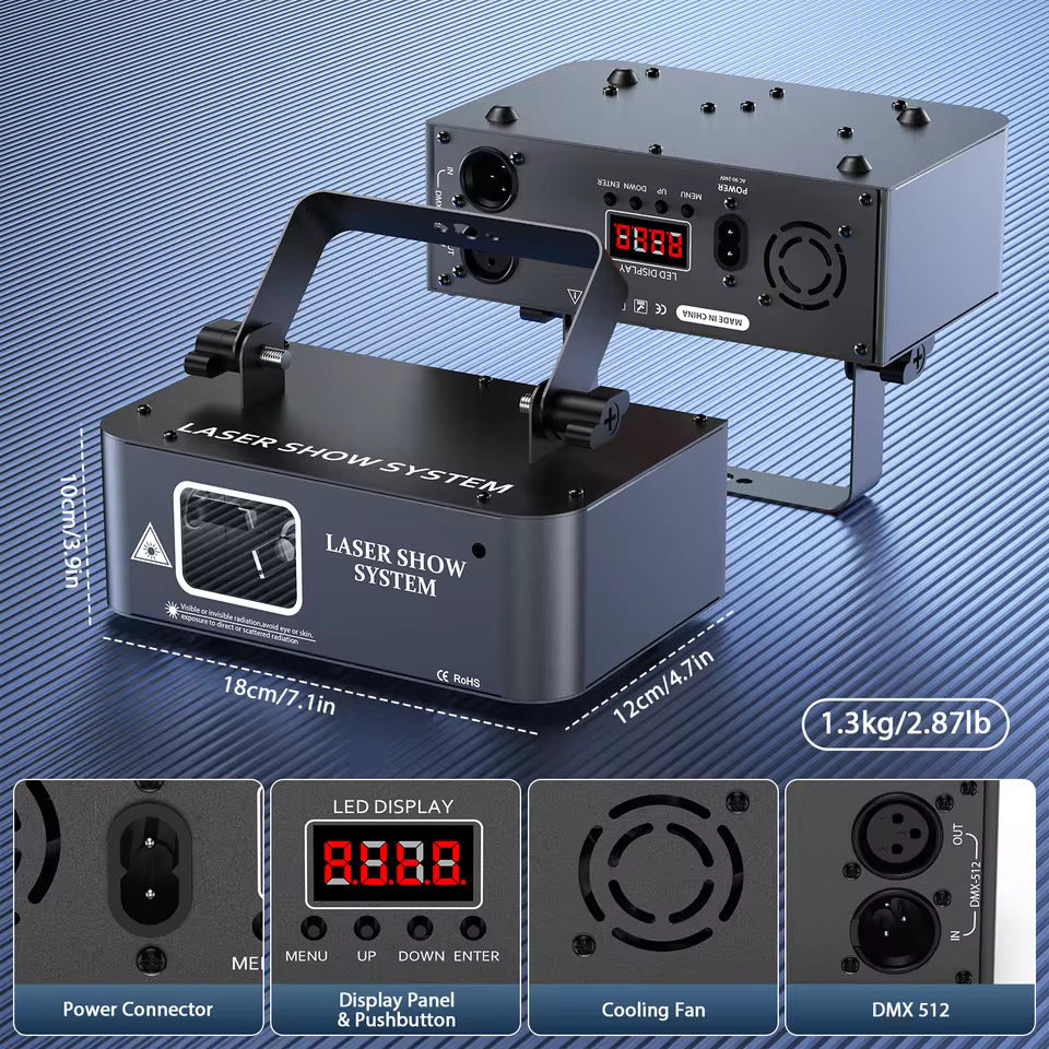 Laser-lavaprojektori RGB-laserilla, skannausvaloeffekte, LED-sisävalaistus lavaa varten – täydellinen DJ:ille, diskoihin, syntymäpäivä- ja hääjuhliin. Tukee DMX512:ta ja ääniohjattua toimintaa