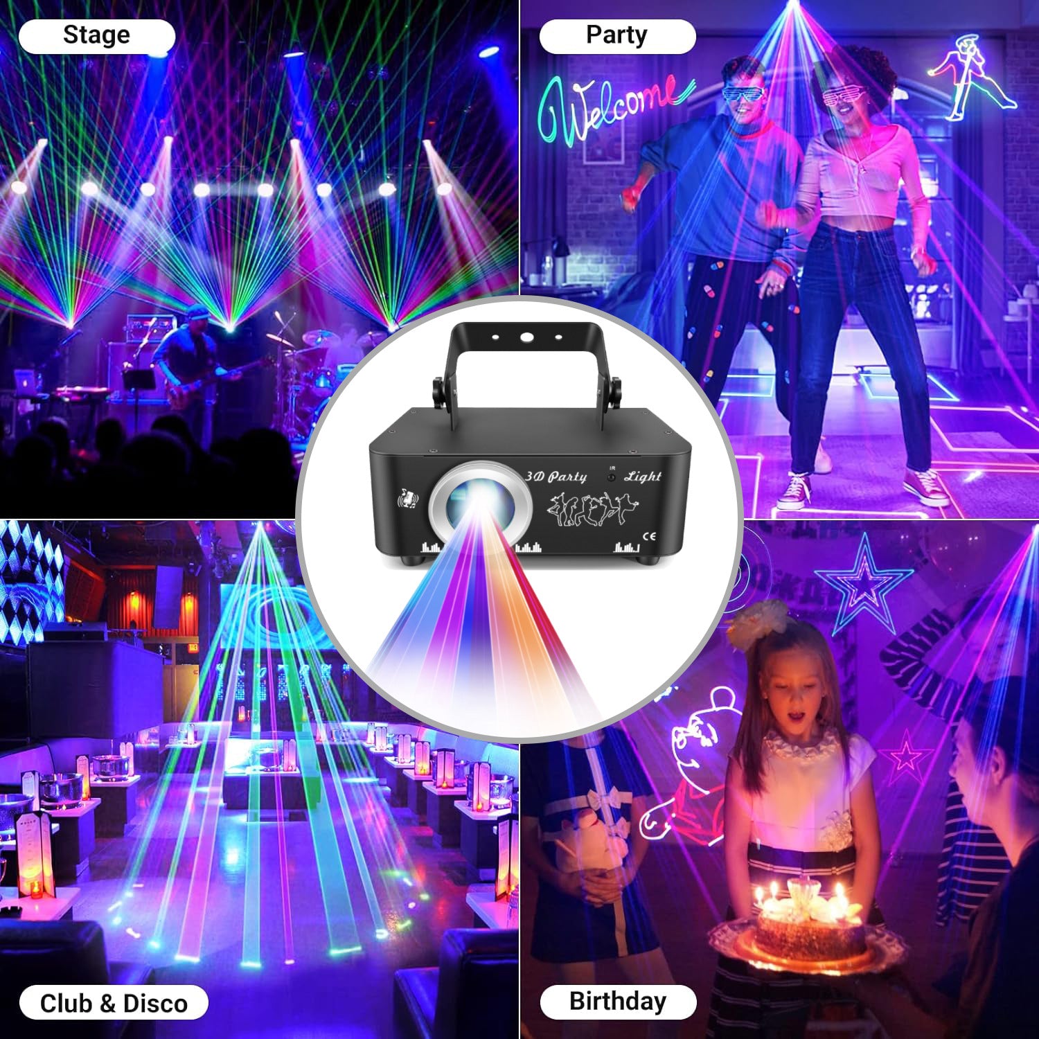 DJ Discolicht Partylicht, 3D RGB Animation Disco Licht mit Fernbedienung, Party Lichter mit DMX, Musik Sound Activated Beam Effekt Bühnenlicht für