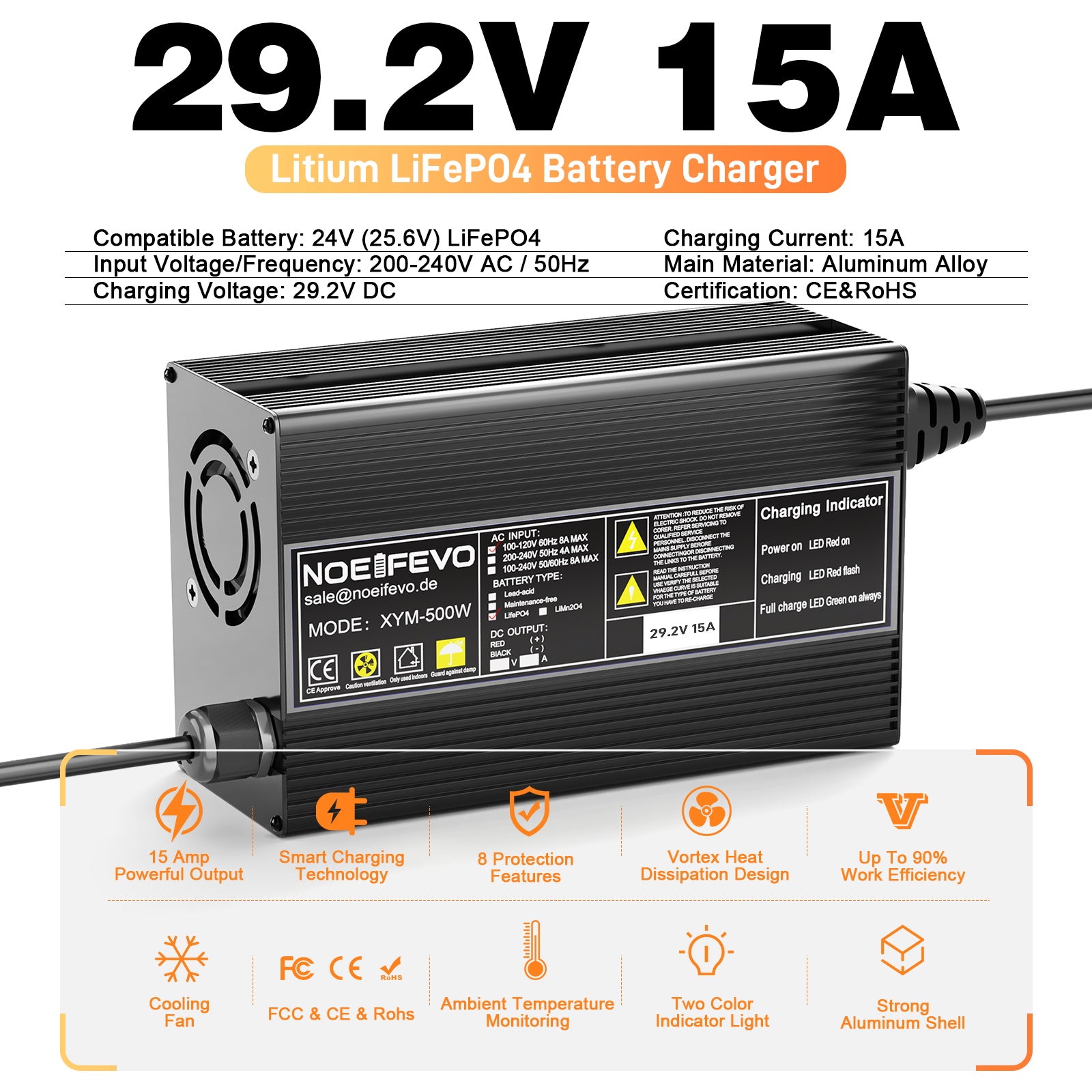 Noeifevo 29.2V 15A LiFePO4 Akku Ladegerät für 24V 25.6V Lithium Batterie,0V BMS Aktivieren, Automatische Abschaltung mit Vollschutz