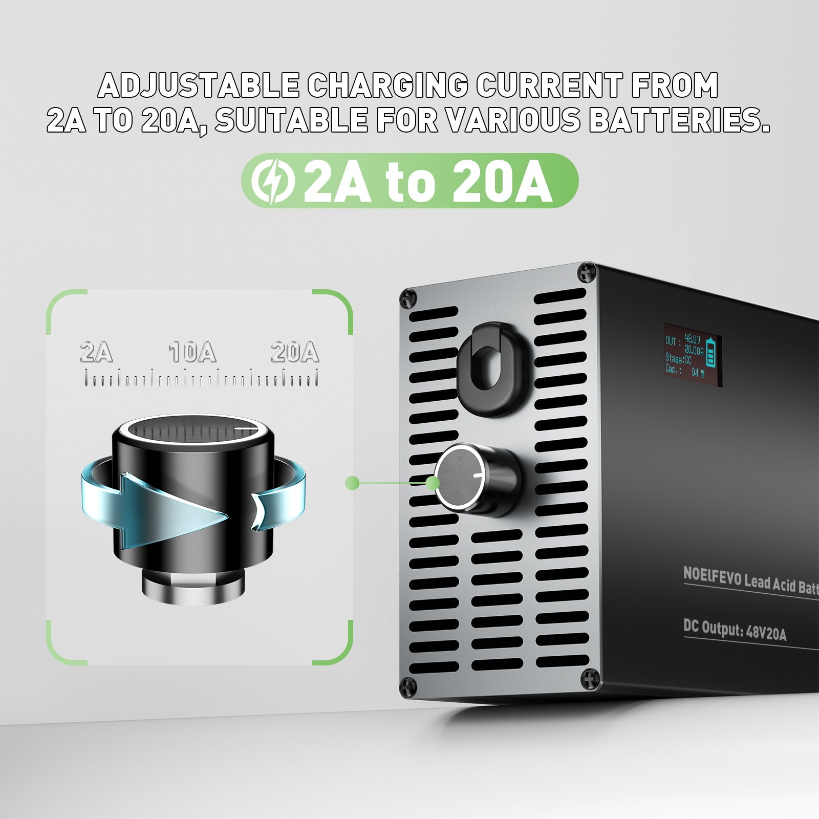 NOEIFEVO 48V 2A-20A Strømadjusterbart Batterilader for Blysyrebatterier, AGM, Gel, Golfbatterilader, LED-skjerm