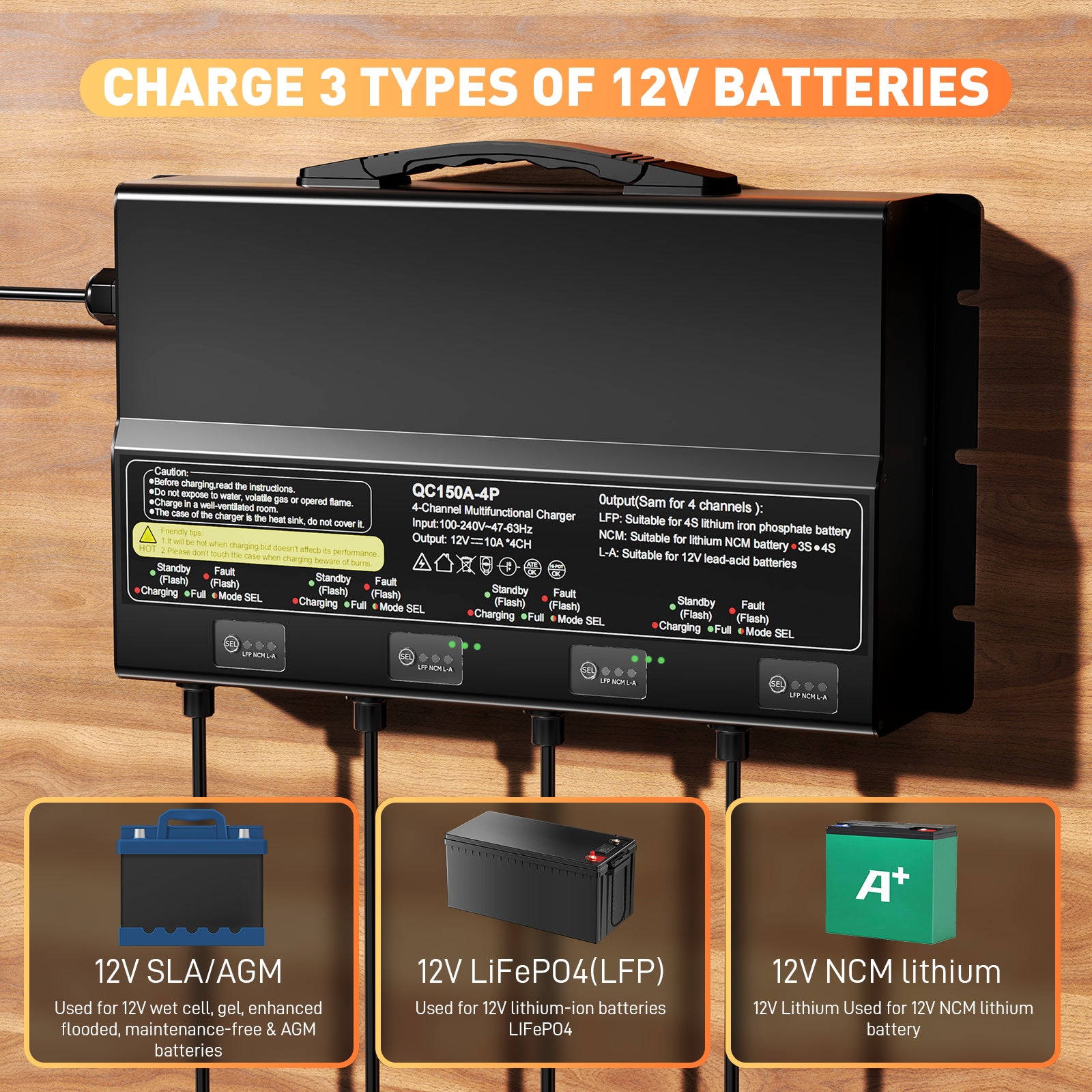 NOEIFEVO 12V 40A 4-banker (10A/bank) universell batterilader, 12V vanntett LiFePO4 litium-blybatterilader for campingvogn, båt, motorsykkel, gressklipper, trollingmotor og blybatteri