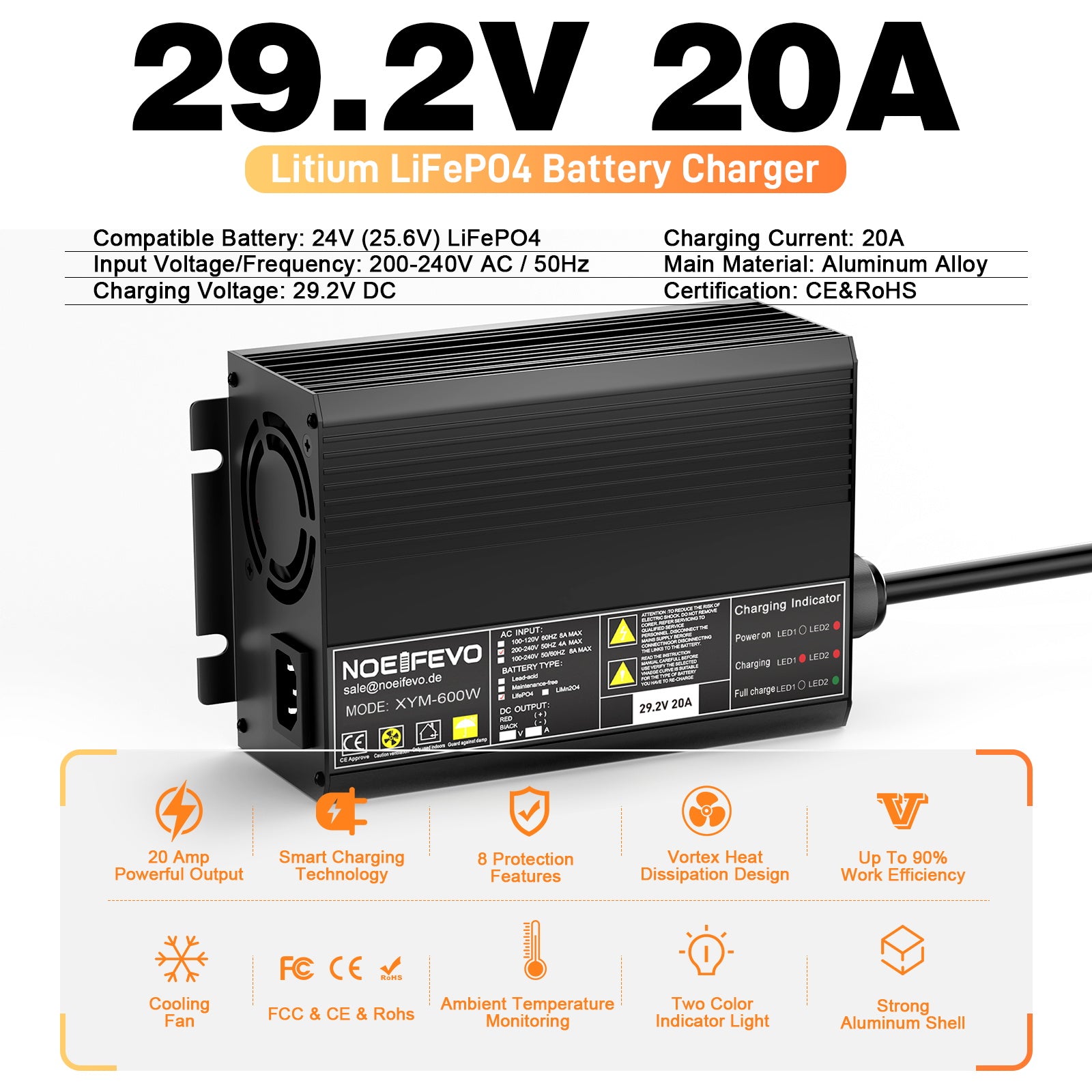 Noeifevo 29,2V 20A LiFePO4 nabíječka baterií pro 24V 25,6V lithiovou baterii, 0V BMS Activate, automatické vypnutí s plnou ochranou
