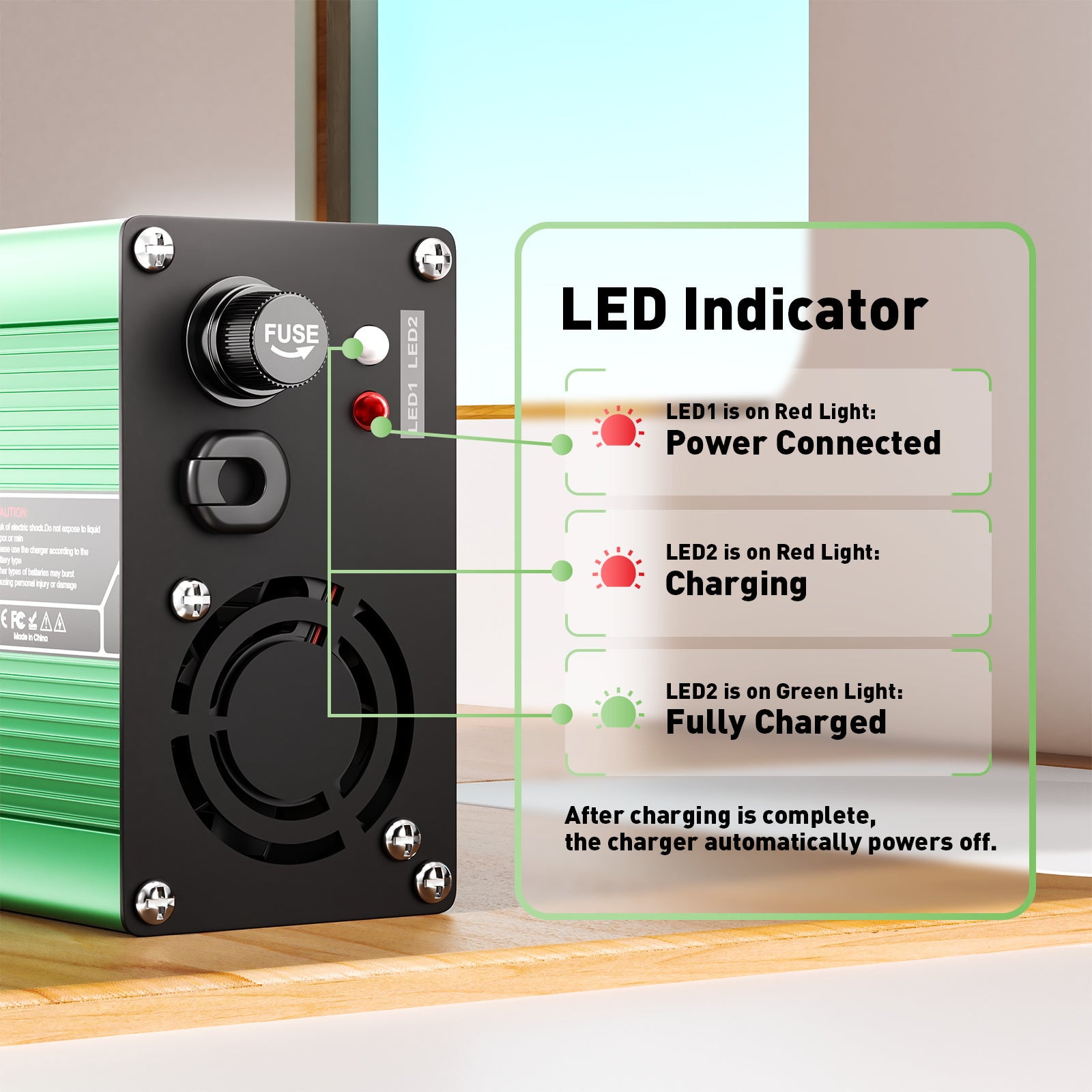 NOEIFEVO Cargador de batería LiFePO4 58.4V 3A para batería LiFePO4 16S 48V 51.2V, con ventilador de enfriamiento, apagado automático (VERDE)