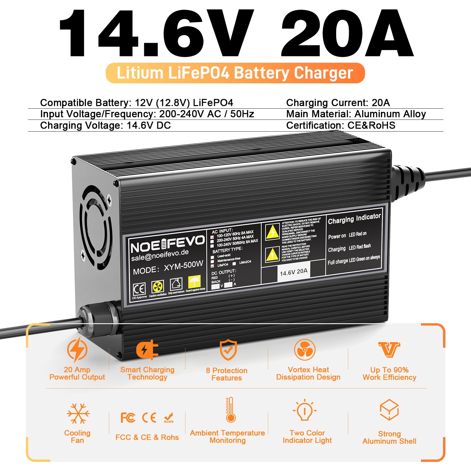 Caricabatterie Intelligente Per Batterie LiFePO4 12V - Dyness 14,6V 20A, Ricarica 3 Stadi, Attivazione 0V, Con Connettore Anderson