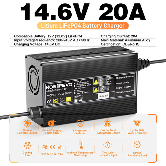 Noeifevo 14.6V 20A LiFePO4 Accu Oplader voor 12V 12.8V LiFePO4 Lithium Batterij, 0V BMS Activeren, Automatische Uitschakeling, Aluminiumlegering Behuizing