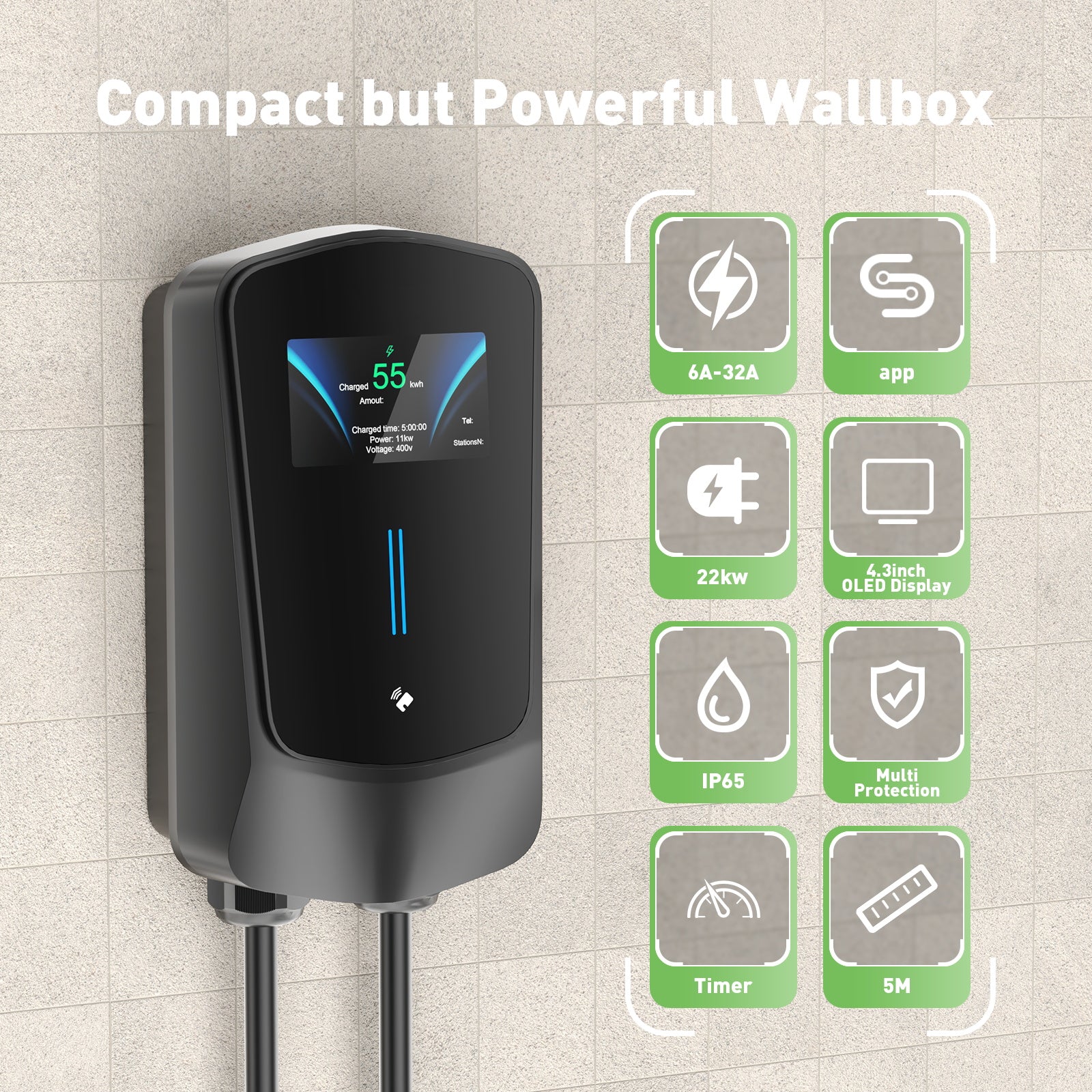 NOEIFEVO Wallbox Typ 2, 22kW, mit App und RFID, 6–32A, 3-phasiges 400V Ladegerät für Elektrofahrzeuge (BEV/PHEV) mit 5 m Ladekabel und Kabelhalter, FI-Schutzschalter Typ B und Schutzart IP65, effiziente Ladestation für Zuhause und Büro