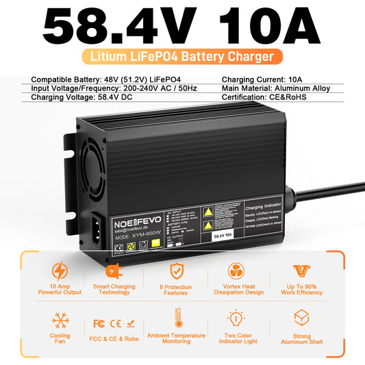 NOEIFEVO 58.4V 10A LiFePO4 מטען סוללה עבור 51.2V(48V) 16S סוללת ליתיום לעגלות גולף, קרוואנים ומנועי דיג חשמליים