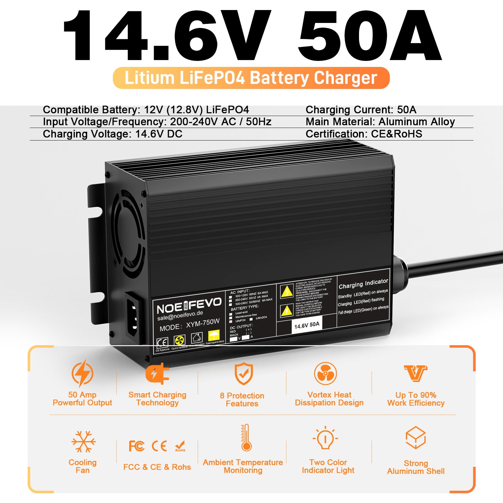 Noeifevo 14,6V 50A Rask Lithium LiFePO4-batterilader for 12V(12,8V) LiFePO4-batteri, 0V BMS-aktivering, automatisk avstenging med full beskyttelse