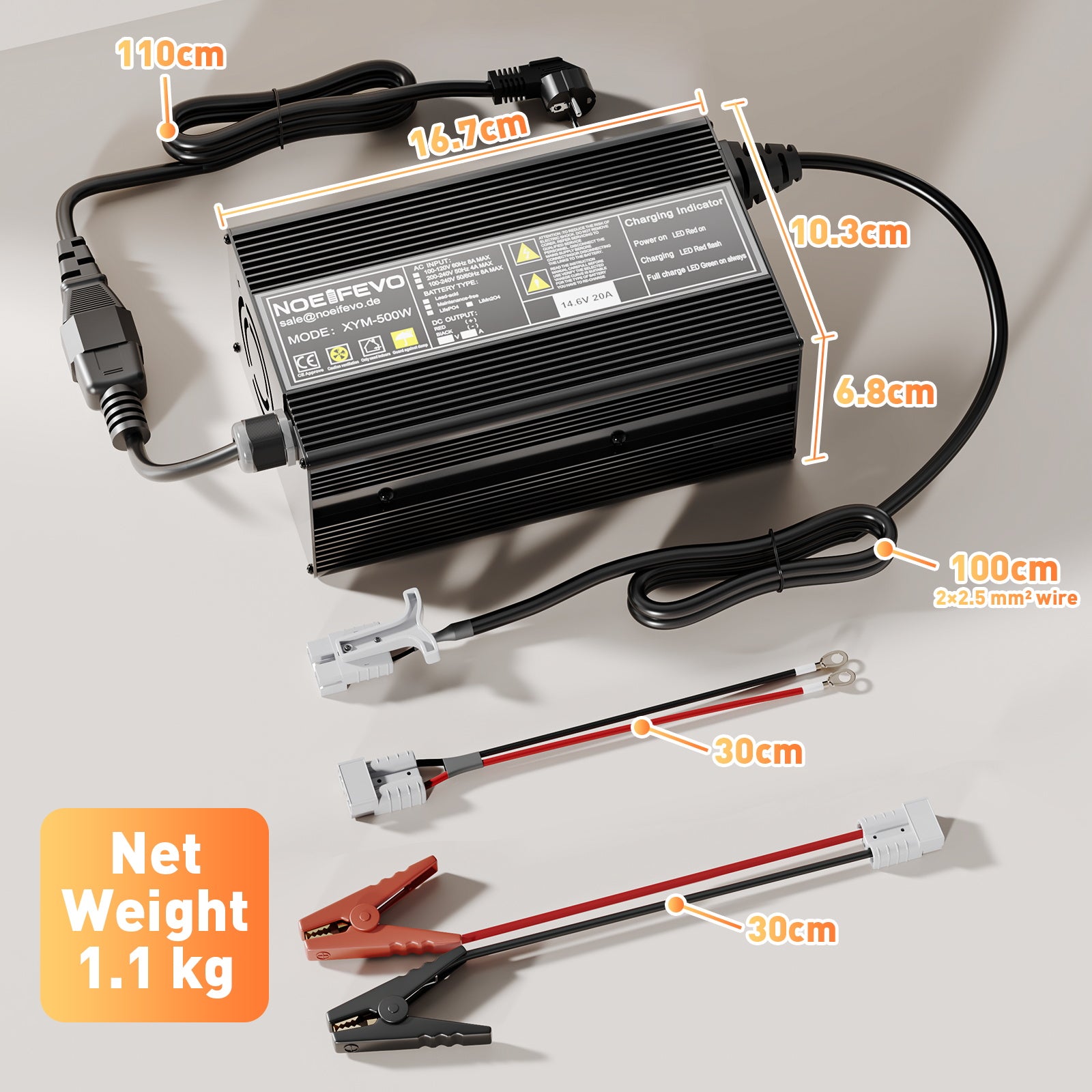 Caricabatterie Intelligente Per Batterie LiFePO4 12V - Dyness 14,6V 20A, Ricarica 3 Stadi, Attivazione 0V, Con Connettore Anderson