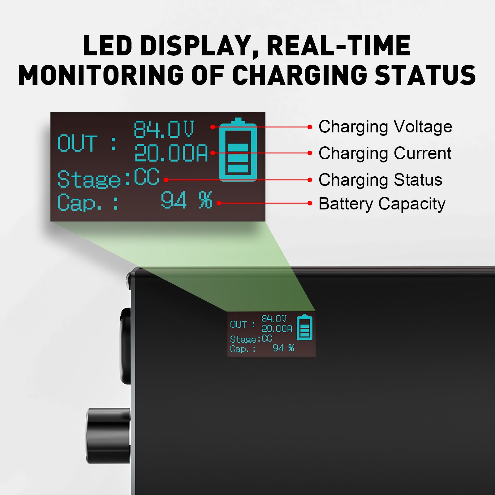 NOEIFEVO 84V 2-20A Carregador de Bateria de Lítio para Bateria de Lítio Li-Ion Lipo 74V 20S, com Display LCD, Corrente Ajustável, Carregador para E-Bike, Scooter e Moto Elétrica