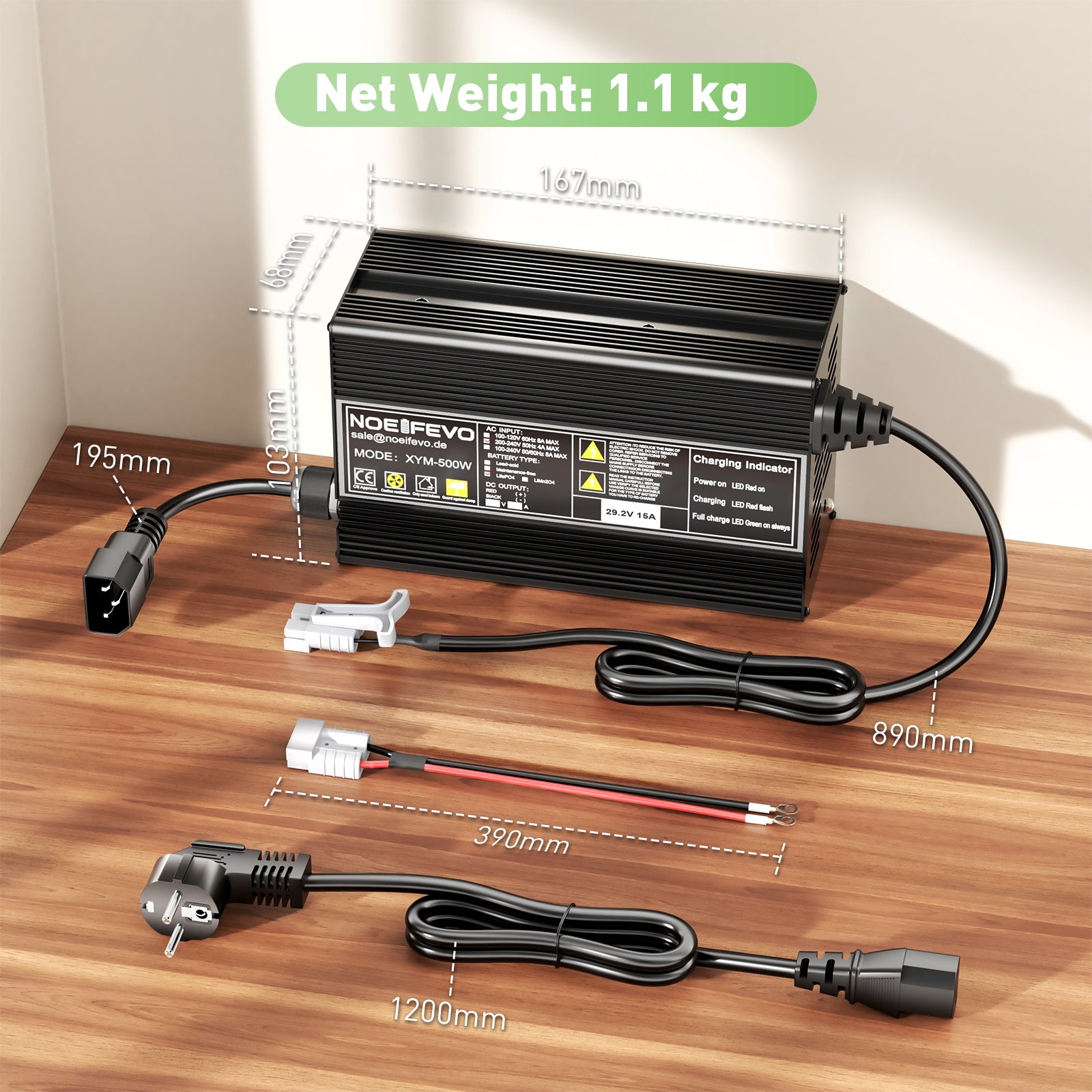 Noeifevo 29,2V 15A LiFePO4 batterioplader til 24V 25,6V lithiumbatteri, 0V BMS aktivering, automatisk nedlukning med fuld beskyttelse