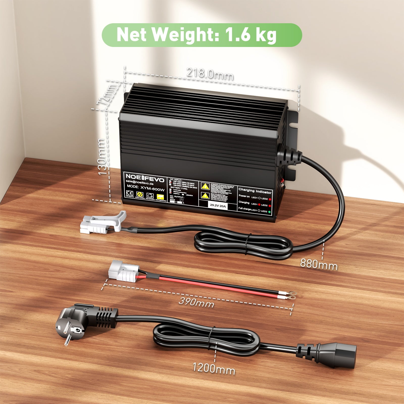 Noeifevo 29,2 V 20 A LiFePO4 Caricabatterie per batteria al litio 24 V 25,6 V, attivazione BMS 0 V, spegnimento automatico con protezione completa