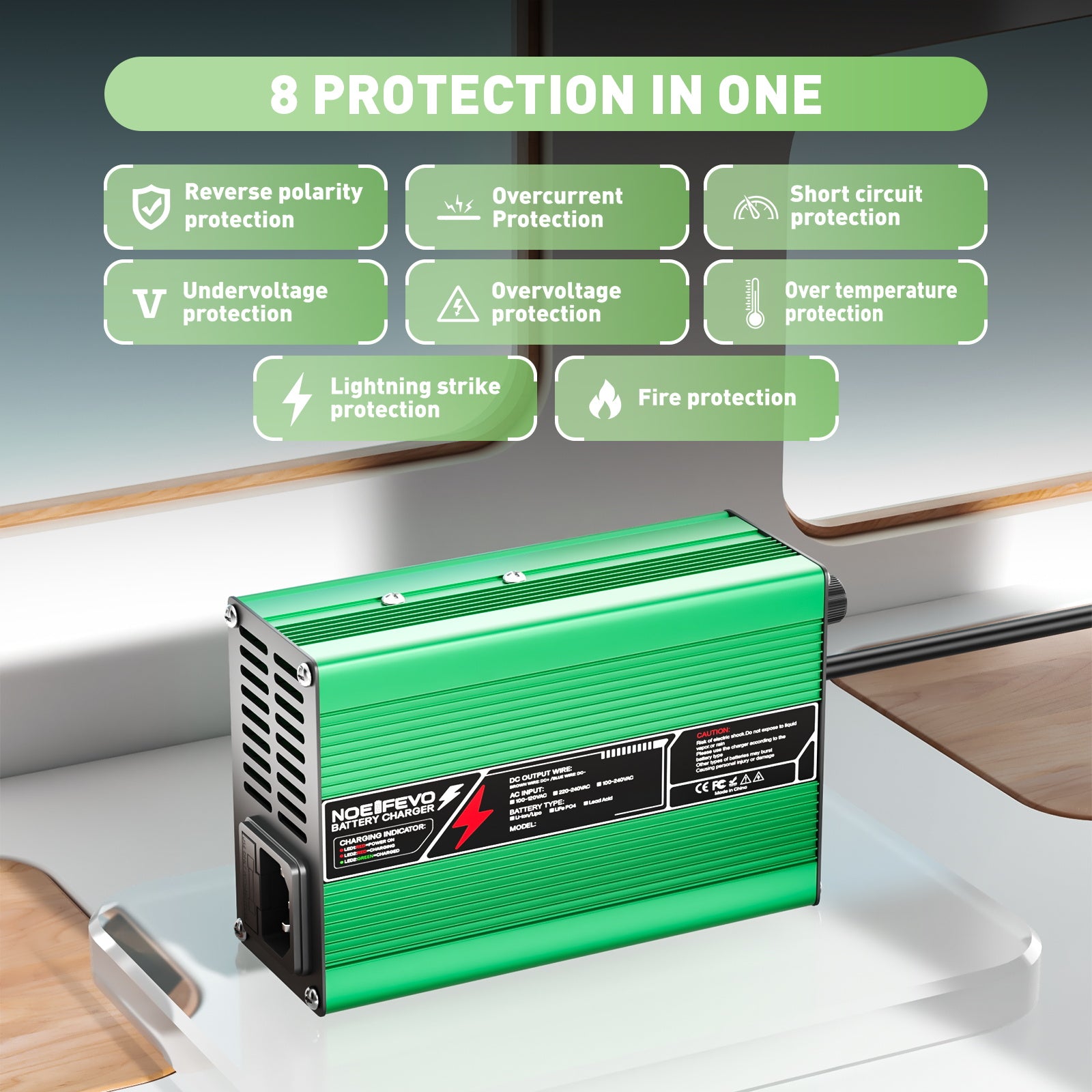 NOEIFEVO Cargador de batería LiFePO4 58.4V 3A para batería LiFePO4 16S 48V 51.2V, con ventilador de enfriamiento, apagado automático (VERDE)