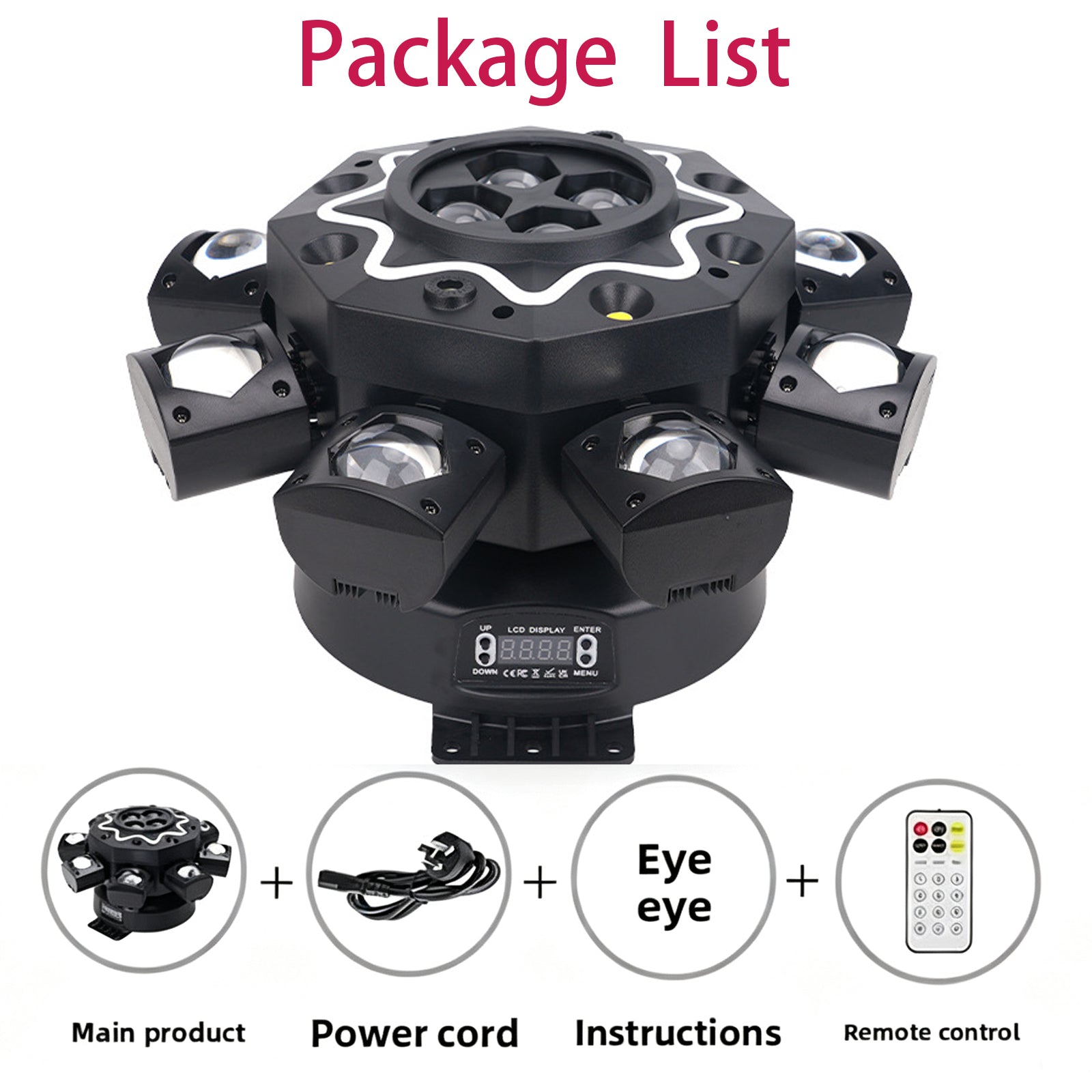 Luce Moving Head 200W a 8 bracci tipo Occhio d'Ape, illuminazione da palco per DJ con supporto DMX512, party light LED RGBW 4-in-1 con telecomando per matrimoni, bar, club e discoteche