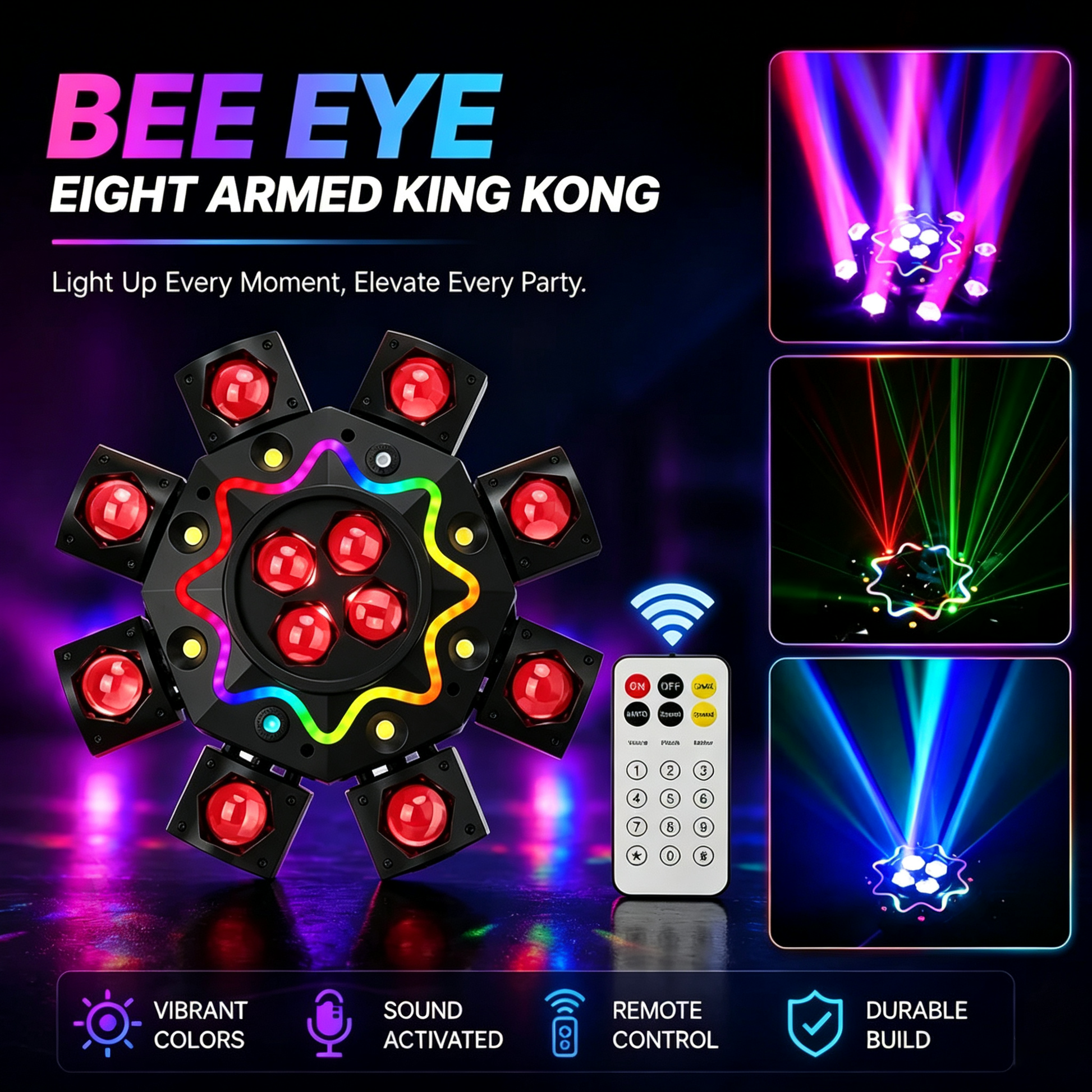 Luce Moving Head 200W a 8 bracci tipo Occhio d'Ape, illuminazione da palco per DJ con supporto DMX512, party light LED RGBW 4-in-1 con telecomando per matrimoni, bar, club e discoteche