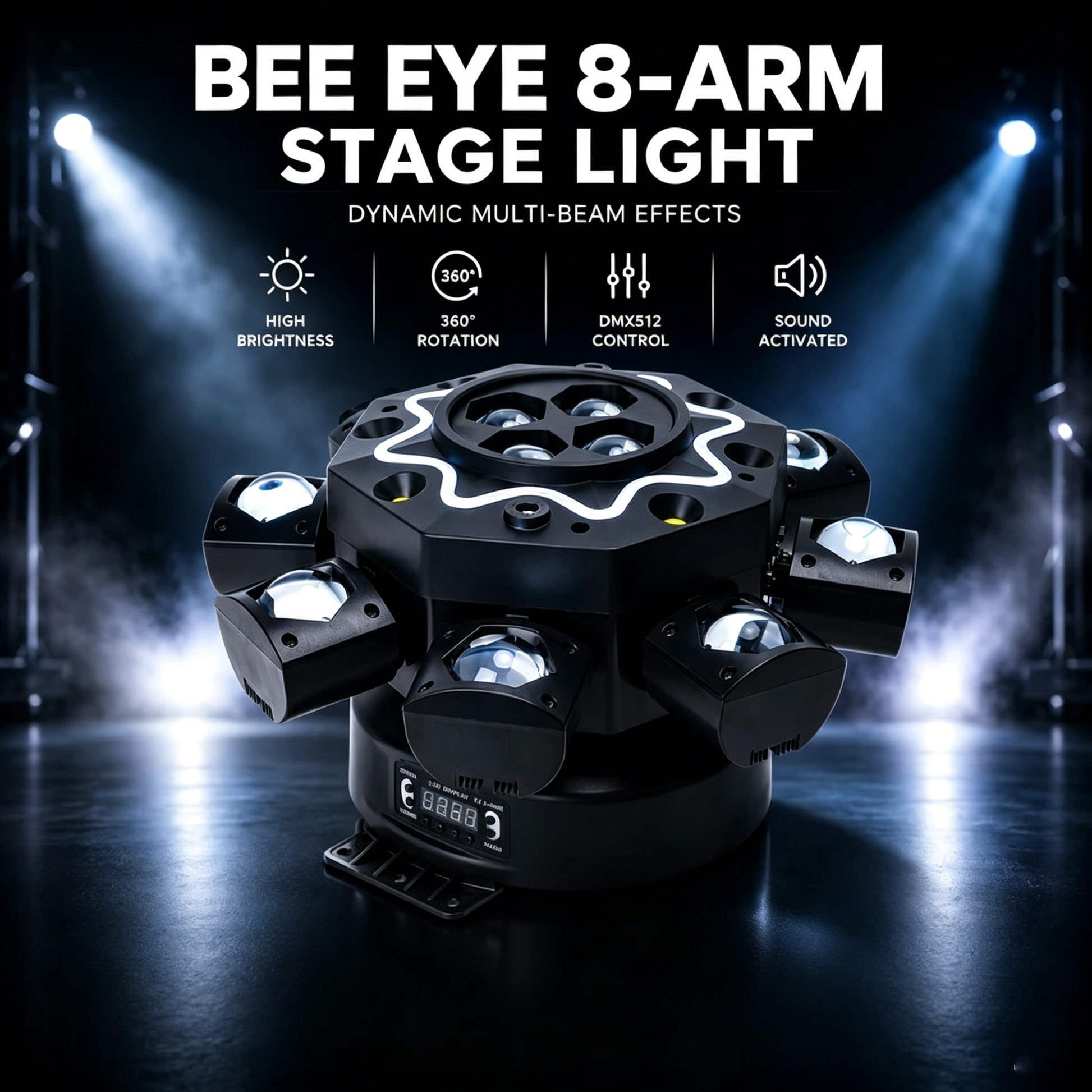 Luce Moving Head 200W a 8 bracci tipo Occhio d'Ape, illuminazione da palco per DJ con supporto DMX512, party light LED RGBW 4-in-1 con telecomando per matrimoni, bar, club e discoteche