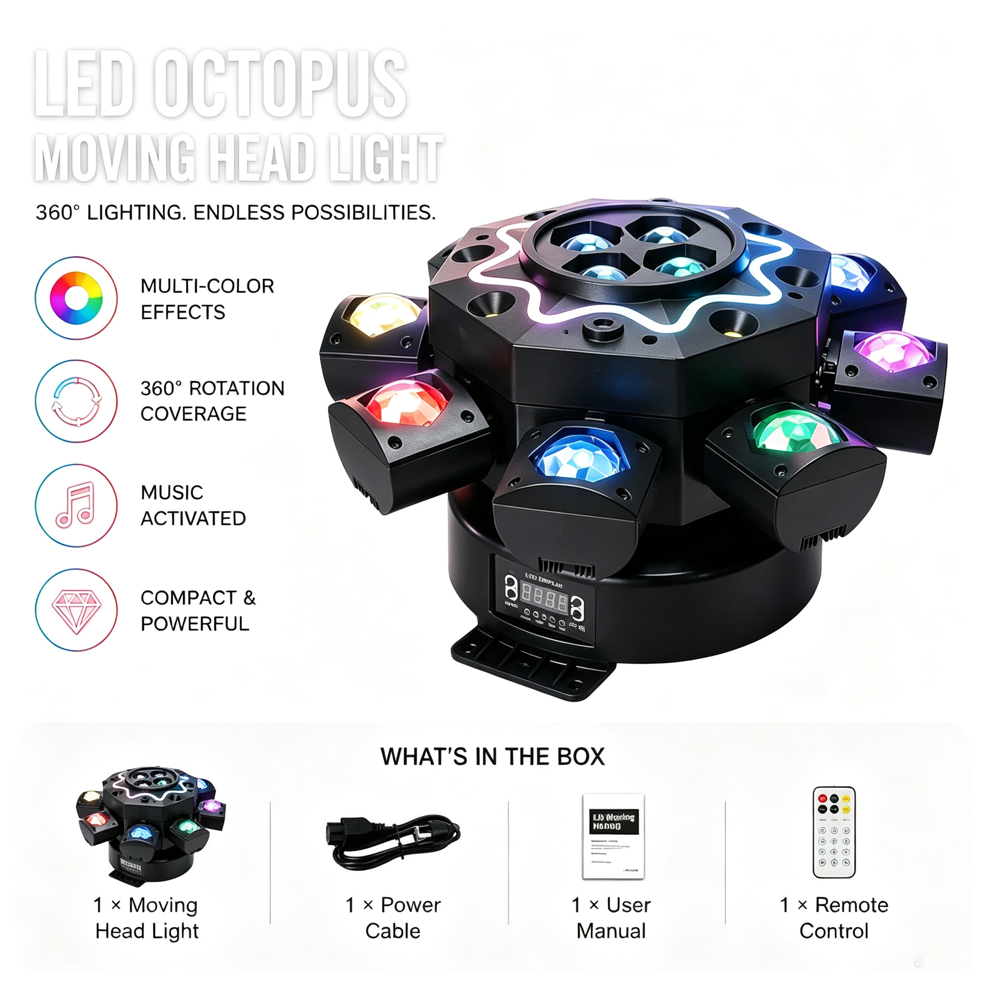Luce Moving Head 200W a 8 bracci tipo Occhio d'Ape, illuminazione da palco per DJ con supporto DMX512, party light LED RGBW 4-in-1 con telecomando per matrimoni, bar, club e discoteche