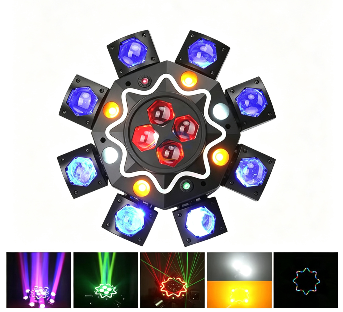 Luce Moving Head 200W a 8 bracci tipo Occhio d'Ape, illuminazione da palco per DJ con supporto DMX512, party light LED RGBW 4-in-1 con telecomando per matrimoni, bar, club e discoteche