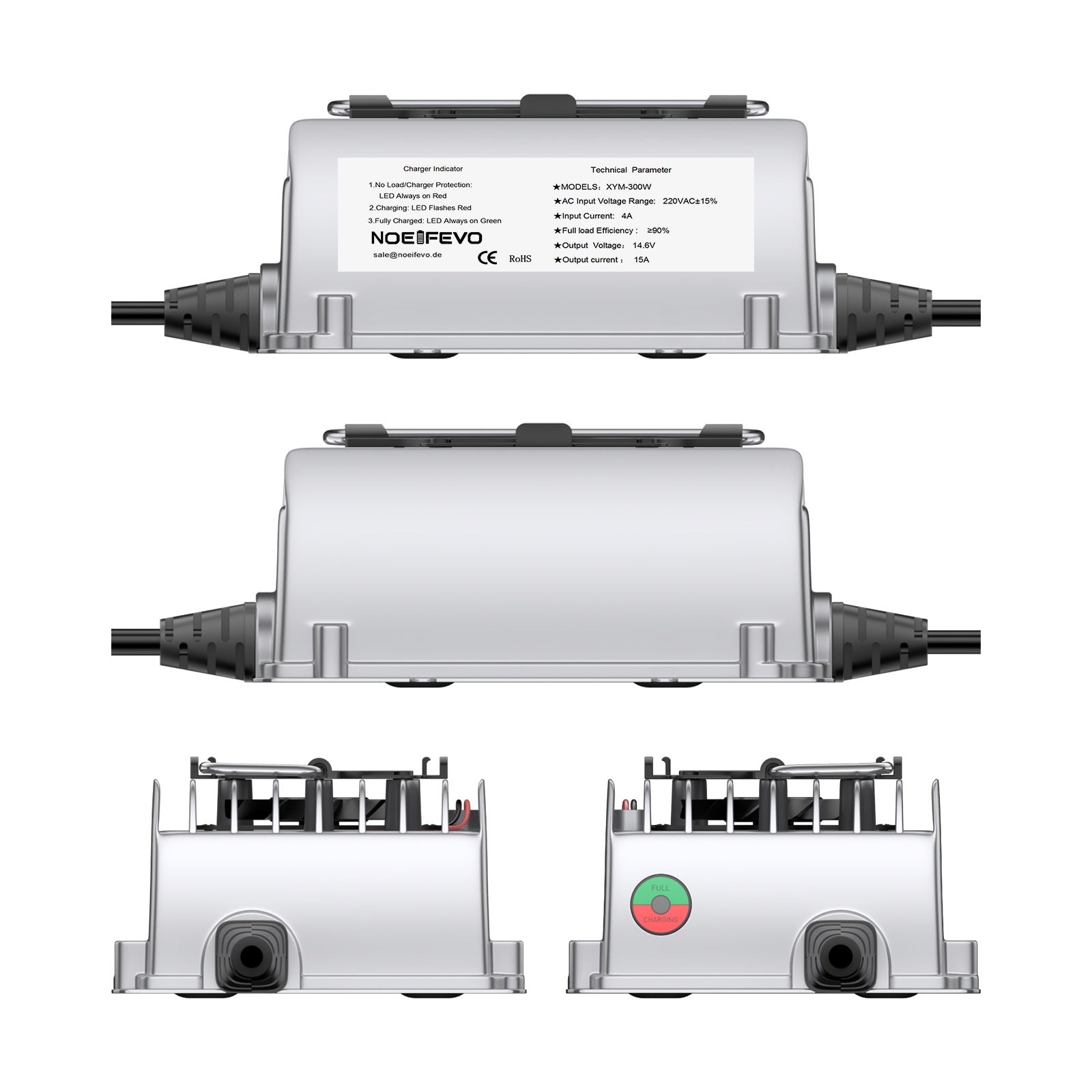 NOEIFEVO 14,6V 15A Vodotěsná LiFePO4 nabíječka baterií pro 12V (12,8V) 4S LiFePO4 baterii