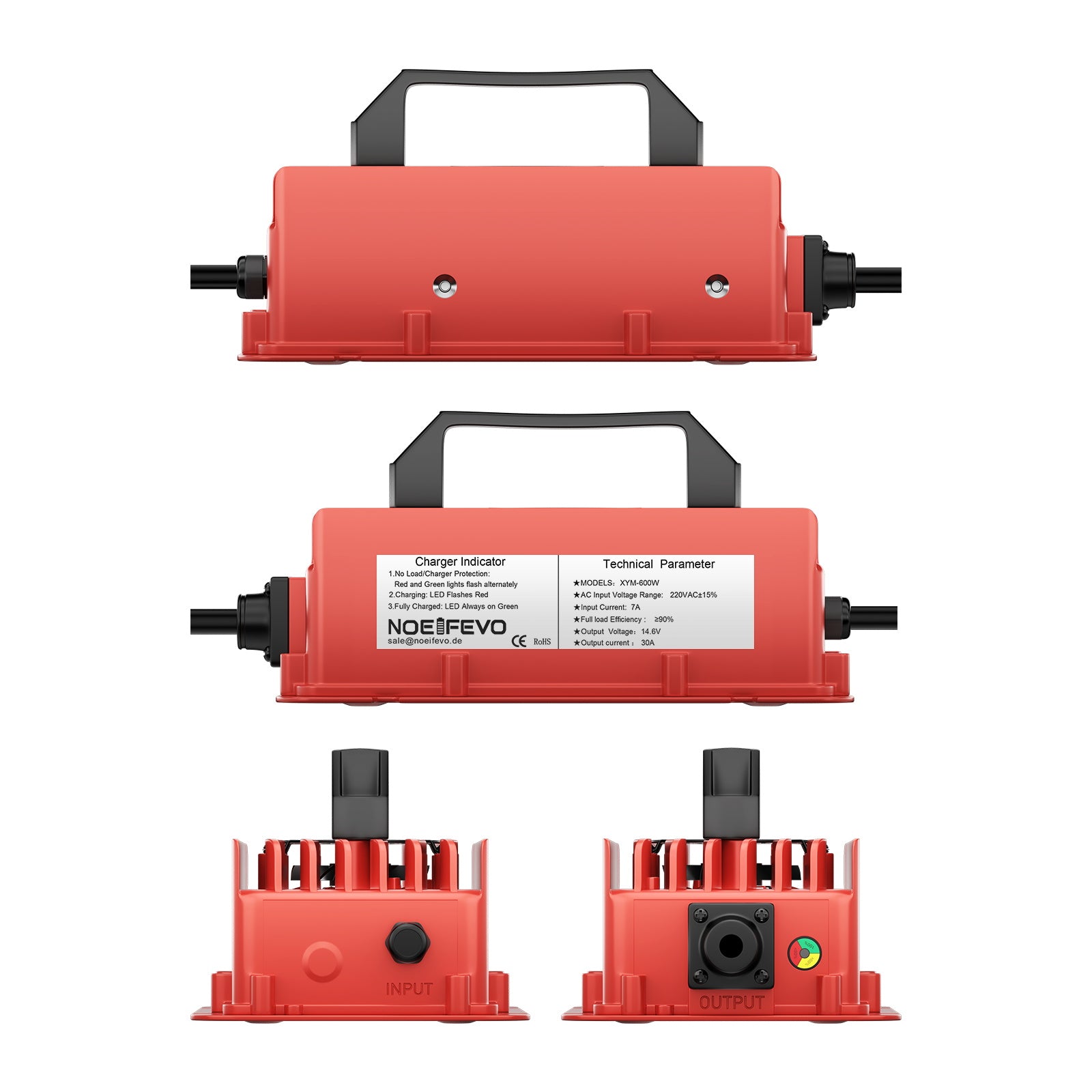 NOEIFEVO 14,6V 30A vandtæt lithium LiFePO4 batterioplader til 12V(12,8V) 4S LiFePO4 batteri, 0V BMS aktivering, automatisk nedlukning med fuld beskyttelse