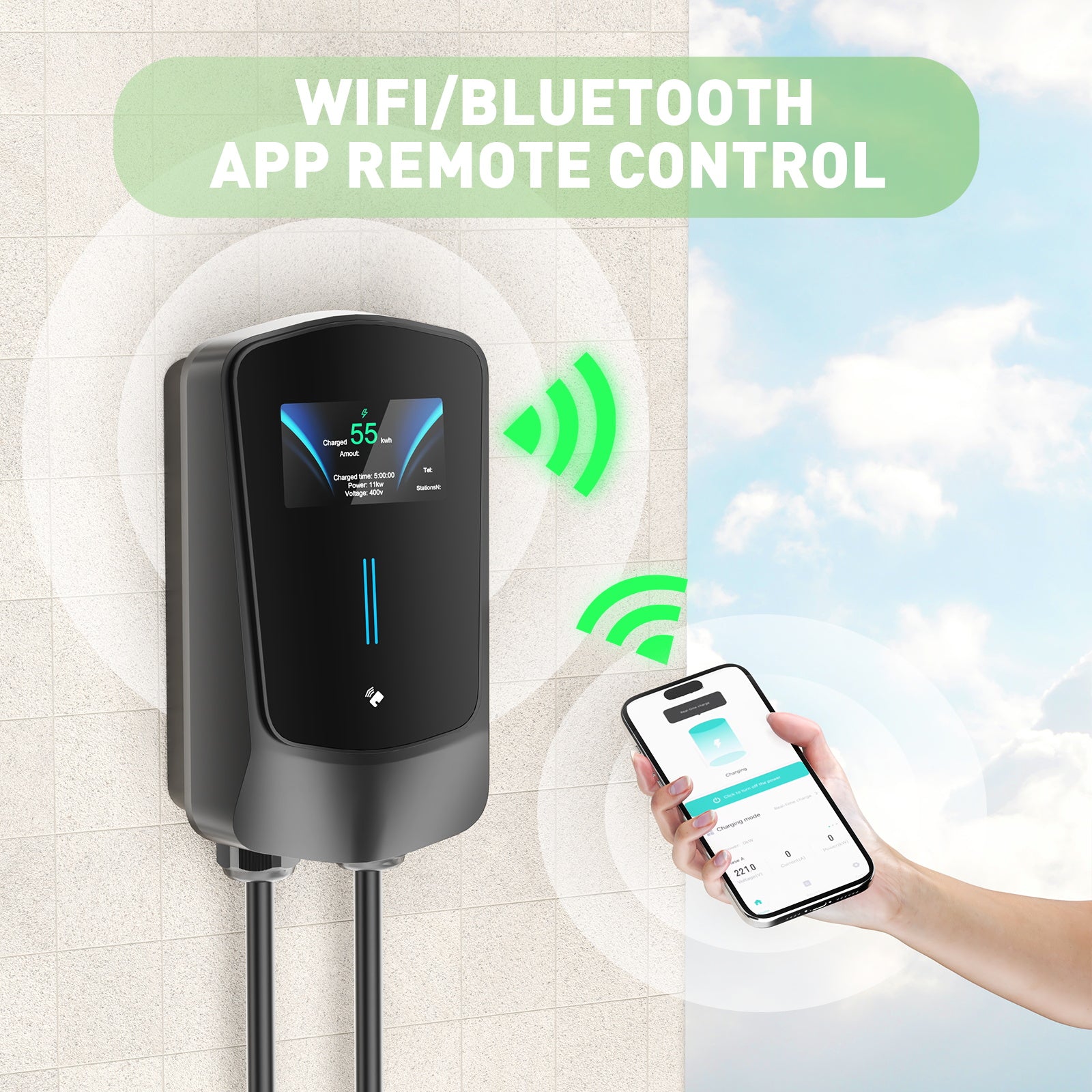 NOEIFEVO Wallbox Typ 2, 22kW, mit App und RFID, 6–32A, 3-phasiges 400V Ladegerät für Elektrofahrzeuge (BEV/PHEV) mit 5 m Ladekabel und Kabelhalter, FI-Schutzschalter Typ B und Schutzart IP65, effiziente Ladestation für Zuhause und Büro