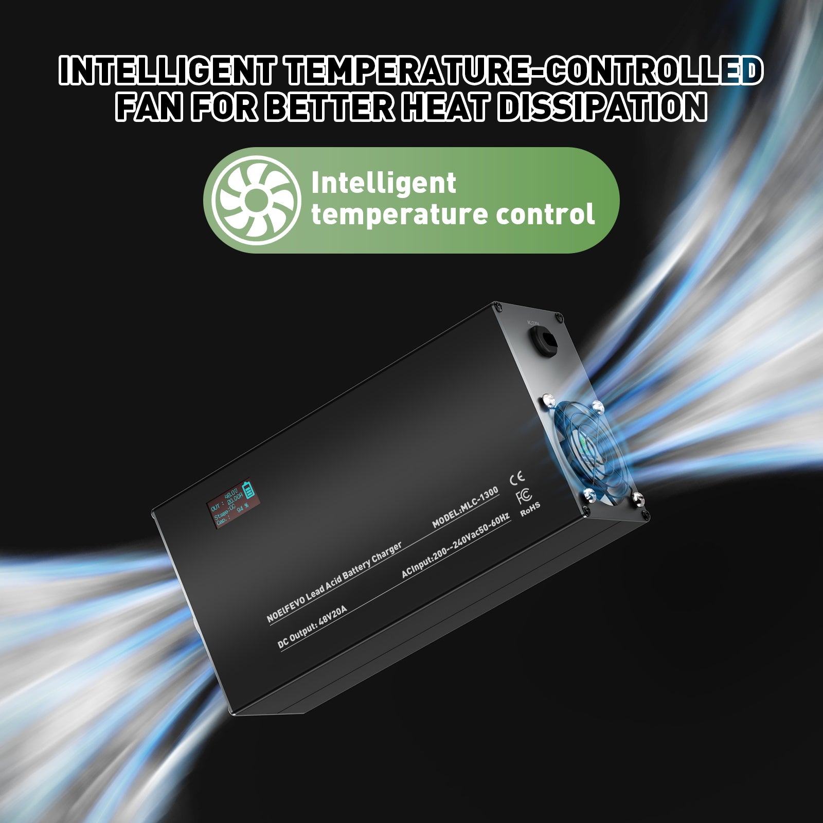 NOEIFEVO 48V 2A-20A Strømadjusterbart Batterilader for Blysyrebatterier, AGM, Gel, Golfbatterilader, LED-skjerm