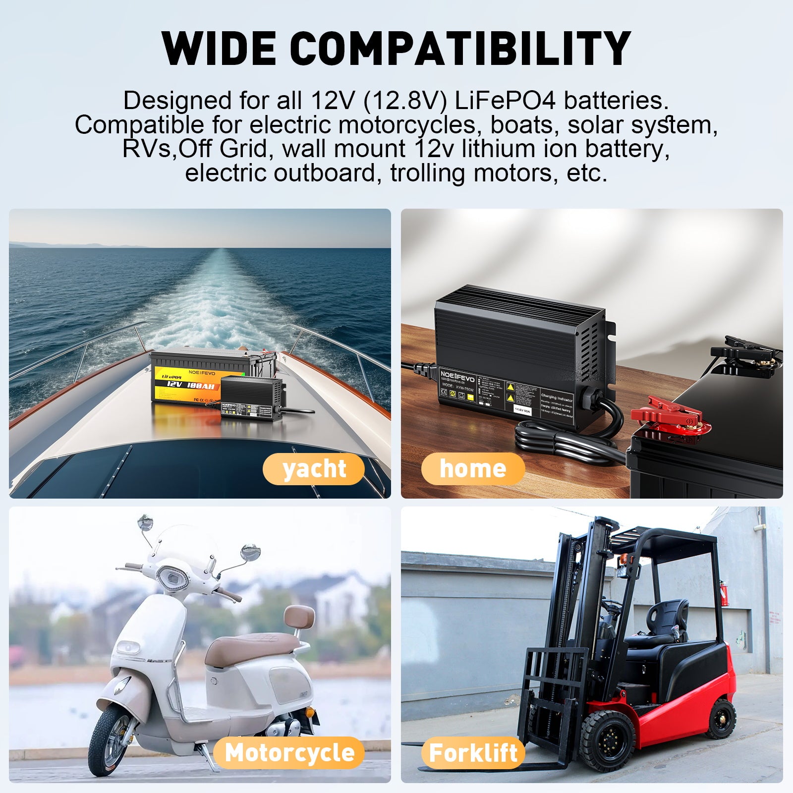 Noeifevo 14,6V 50A Rask Lithium LiFePO4-batterilader for 12V(12,8V) LiFePO4-batteri, 0V BMS-aktivering, automatisk avstenging med full beskyttelse