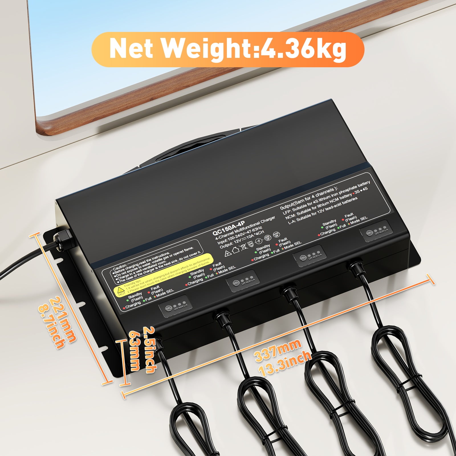 NOEIFEVO 12V 40A 4-banker (10A/bank) universell batterilader, 12V vanntett LiFePO4 litium-blybatterilader for campingvogn, båt, motorsykkel, gressklipper, trollingmotor og blybatteri
