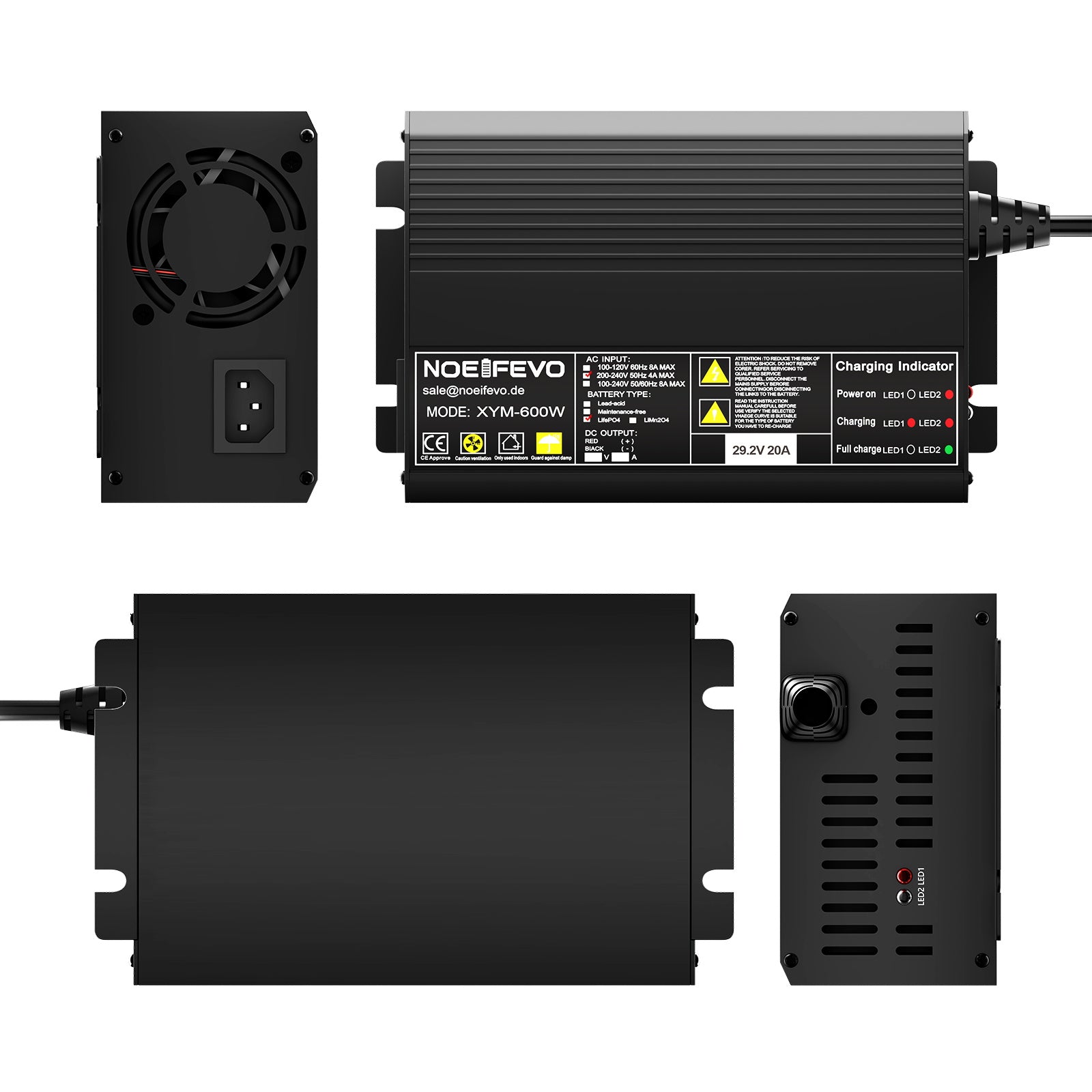 Noeifevo 29,2 V 20 A LiFePO4 Caricabatterie per batteria al litio 24 V 25,6 V, attivazione BMS 0 V, spegnimento automatico con protezione completa