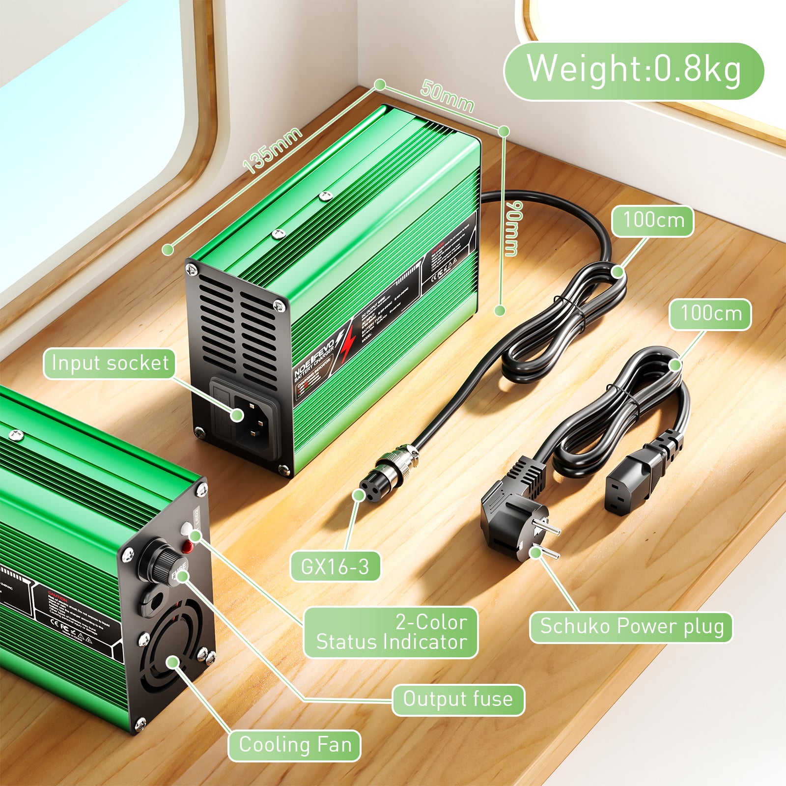 NOEIFEVO Cargador de batería LiFePO4 58.4V 3A para batería LiFePO4 16S 48V 51.2V, con ventilador de enfriamiento, apagado automático (VERDE)