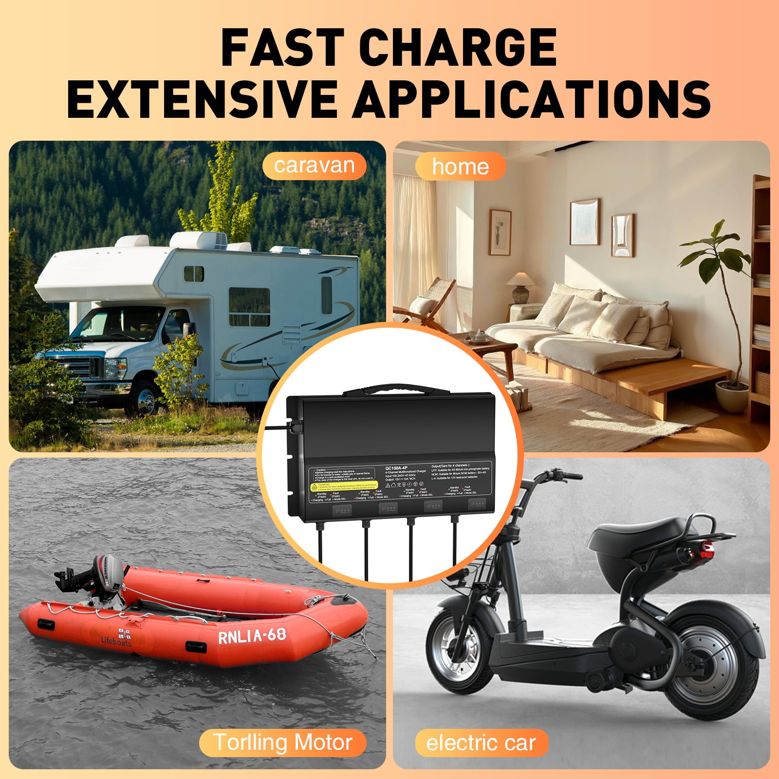 NOEIFEVO 12V 40A 4-banker (10A/bank) universell batterilader, 12V vanntett LiFePO4 litium-blybatterilader for campingvogn, båt, motorsykkel, gressklipper, trollingmotor og blybatteri