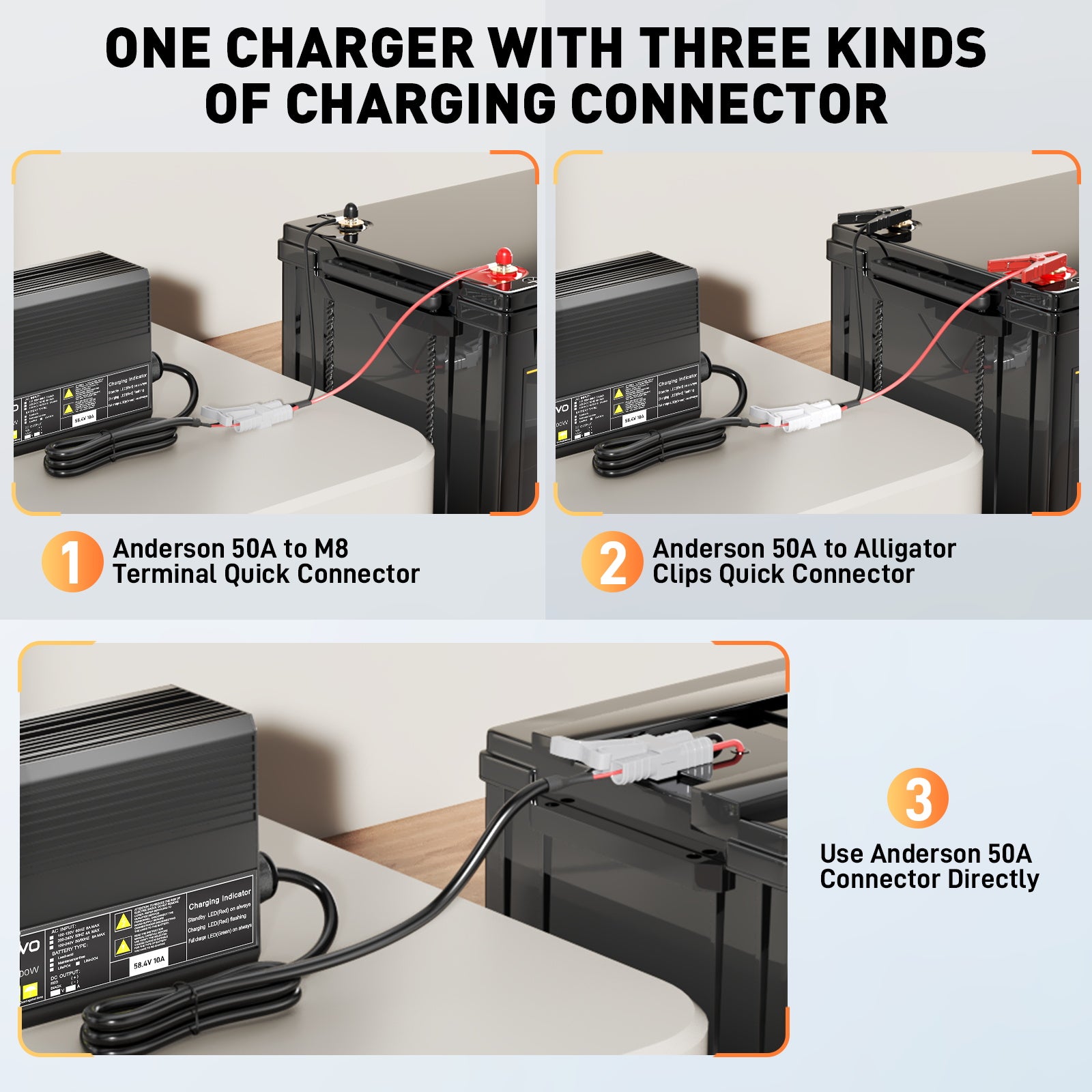 NOEIFEVO 58,4 V 10A LiFePO4 Carregador de bateria para 51,2 V (48 V) Bateria de lítio 16S para carrinhos de golfe, RVs e motores elétricos de pesca