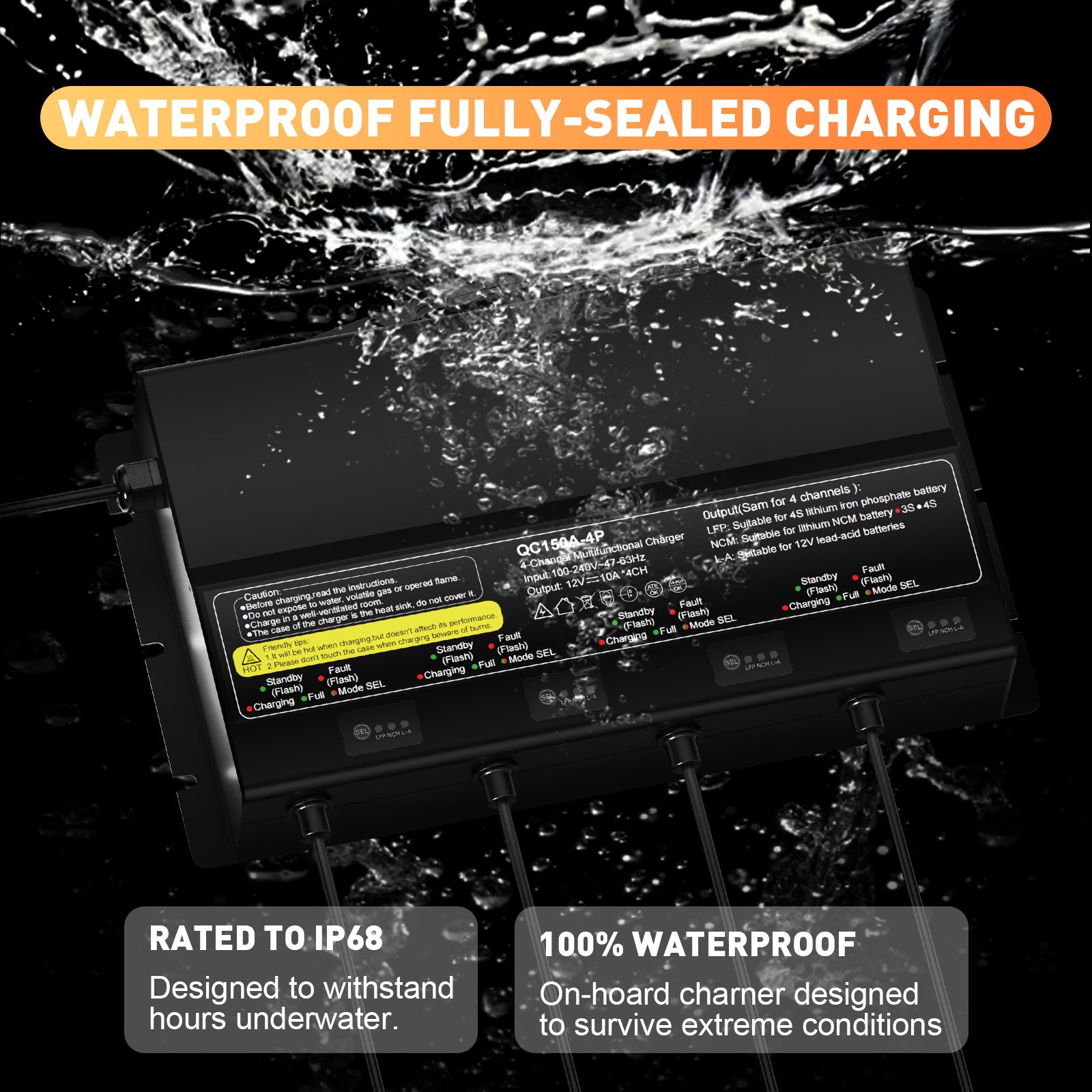 NOEIFEVO 12V 40A 4-banker (10A/bank) universell batterilader, 12V vanntett LiFePO4 litium-blybatterilader for campingvogn, båt, motorsykkel, gressklipper, trollingmotor og blybatteri