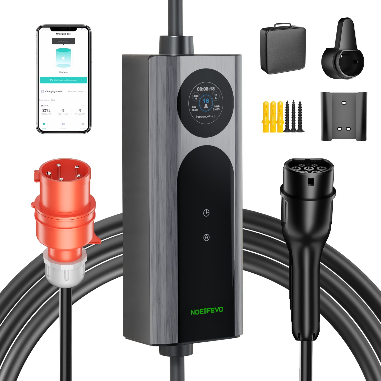 NOEIFEVO Q21W Wlan nabíjačka elektromobilov Wallbox 11kW s diaľkovým ovládaním APP, 5m/10m Type2 CEE16A 3-fázový nabíjací kábel 