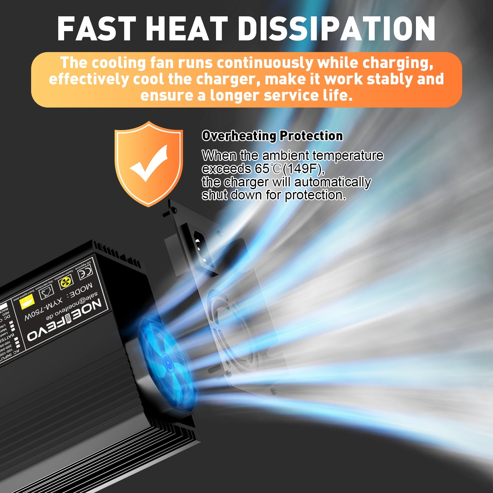 Noeifevo 14,6V 50A Rask Lithium LiFePO4-batterilader for 12V(12,8V) LiFePO4-batteri, 0V BMS-aktivering, automatisk avstenging med full beskyttelse